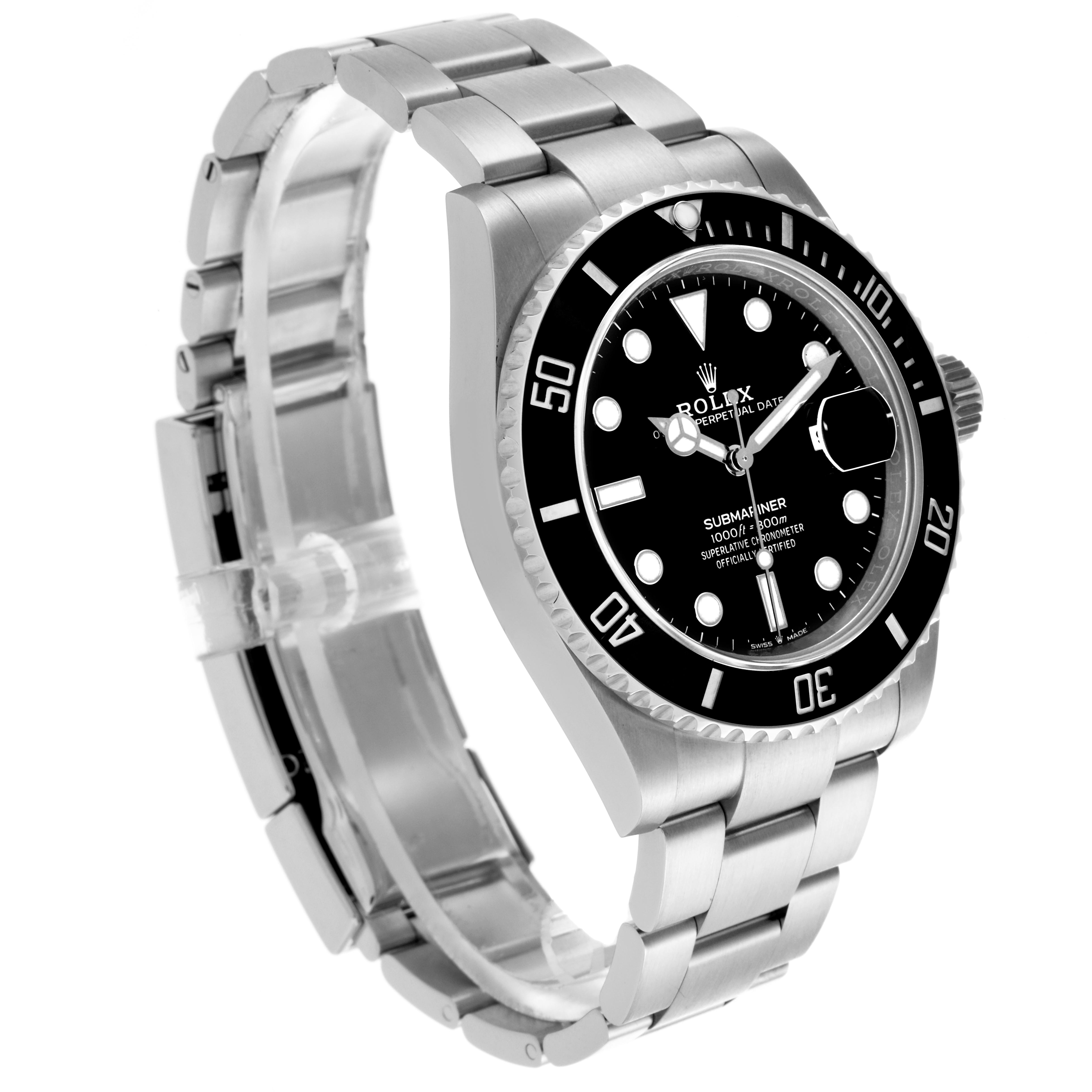 The image shows a side angle of the Rolex Submariner 126610LN Men's Stainless Steel Black Dial 126610LN Men's Stainless Steel Black Dial watch, highlighting the bracelet, bezel, and face.
