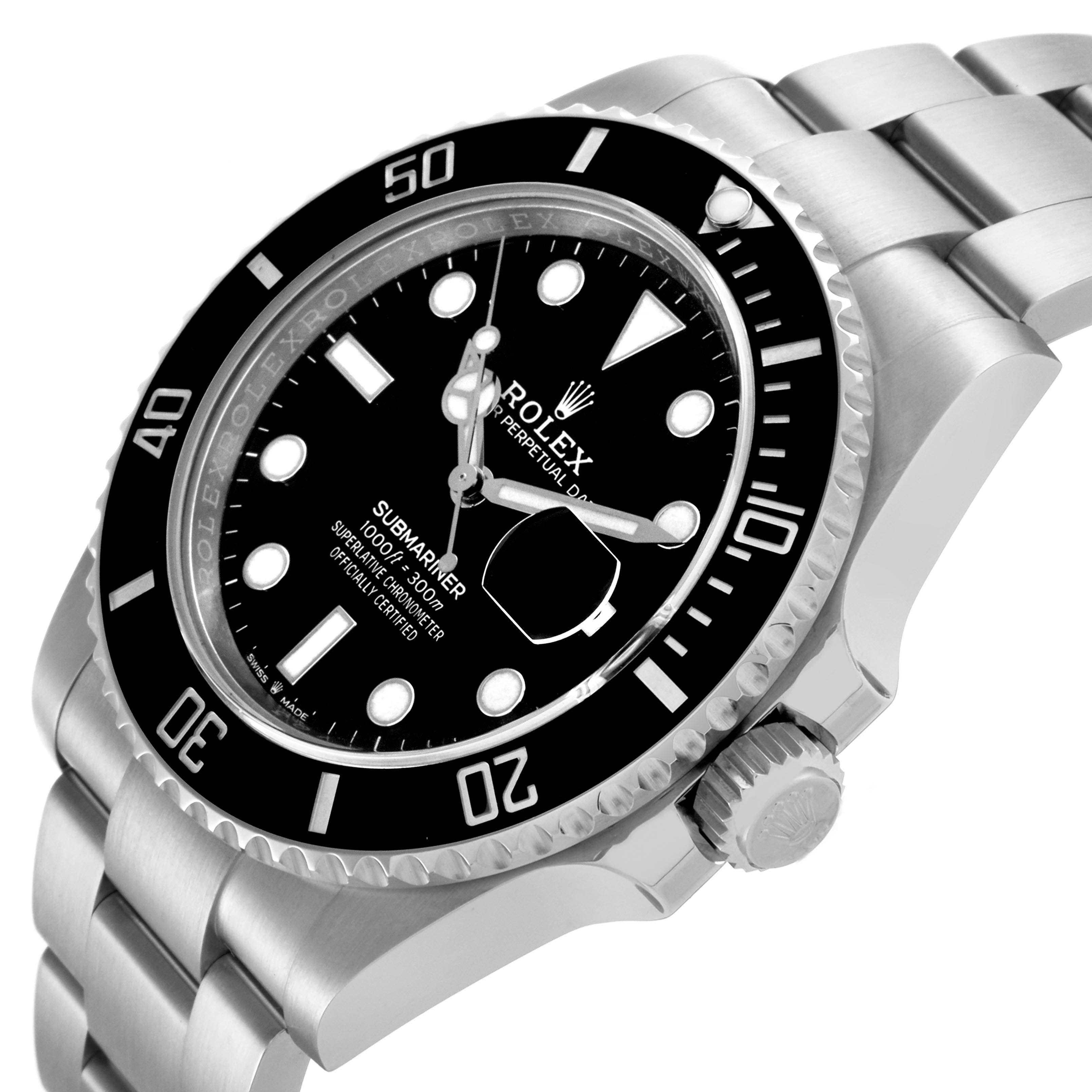 The Rolex Submariner 126610LN Men's Stainless Steel Black Dial 126610LN Men's Stainless Steel Black Dial watch is shown at an angled view highlighting the bezel, face, crown, and part of the bracelet.