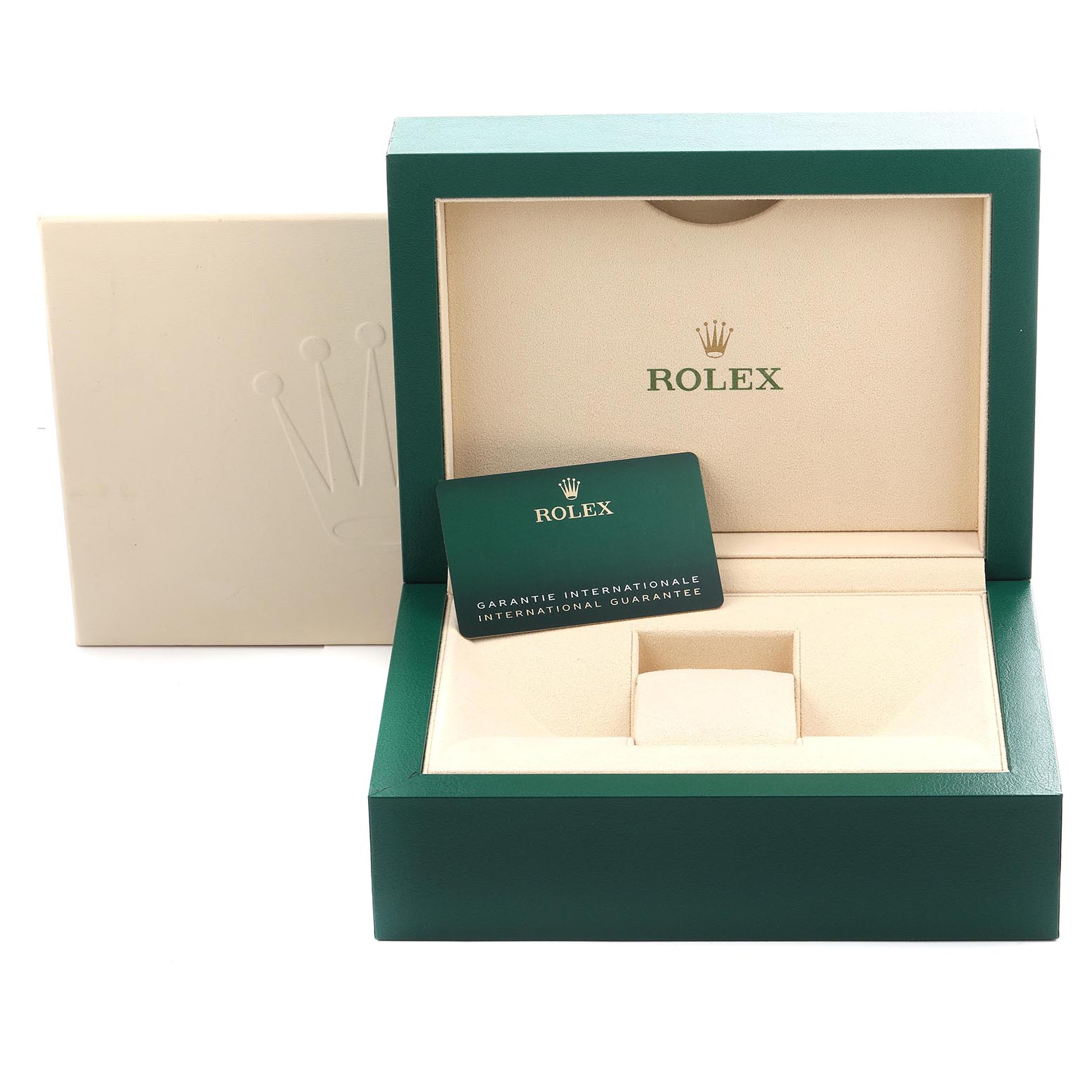 The image shows an open Rolex Submariner 126610LN Men's Stainless Steel Black Dial 126610LN Men's Stainless Steel Black Dial watch box with its international guarantee card prominently displayed.