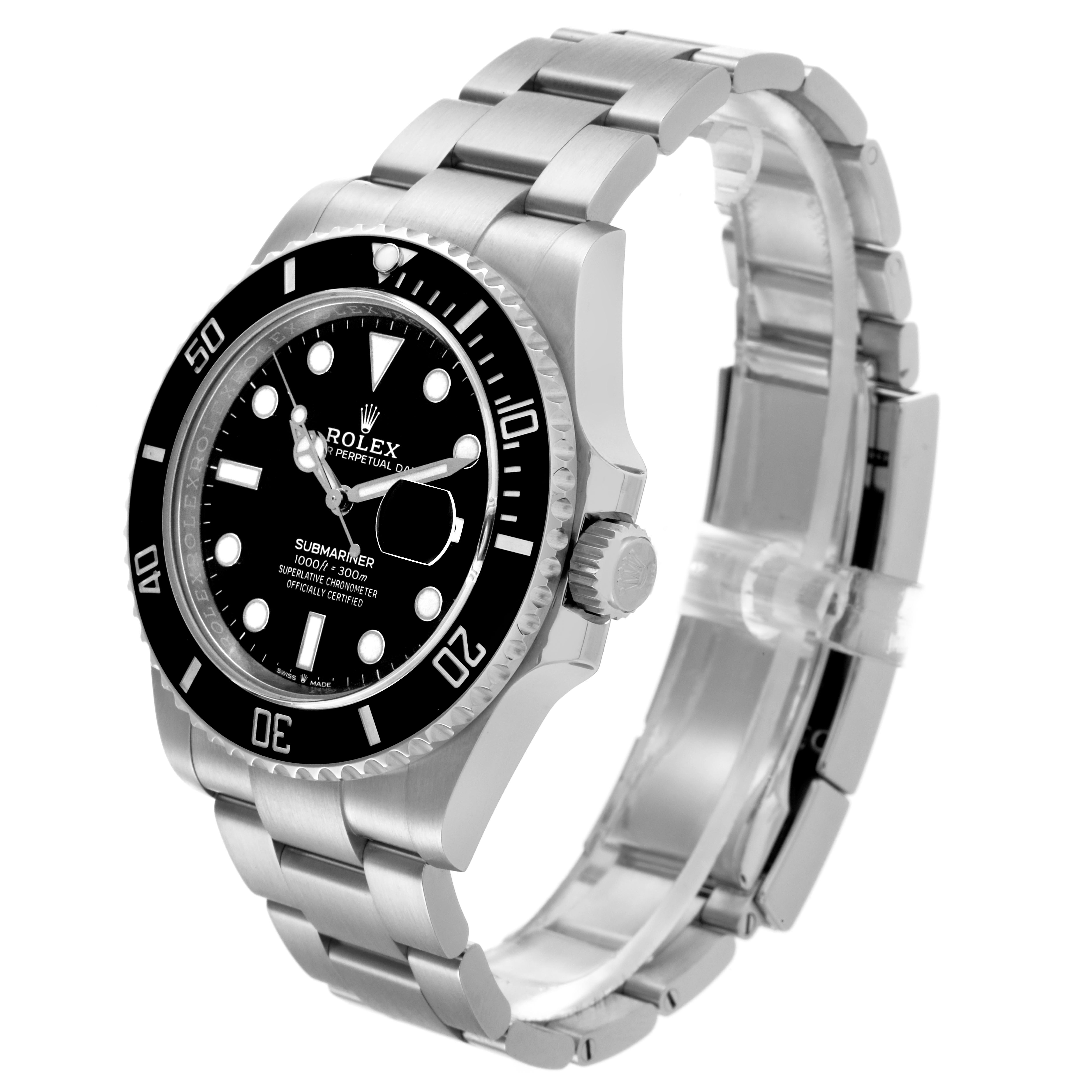 The Rolex Submariner 126610LN Men's Stainless Steel Black Dial 126610LN Men's Stainless Steel Black Dial watch is shown at a three-quarter angle, displaying its face, bezel, crown, and bracelet.