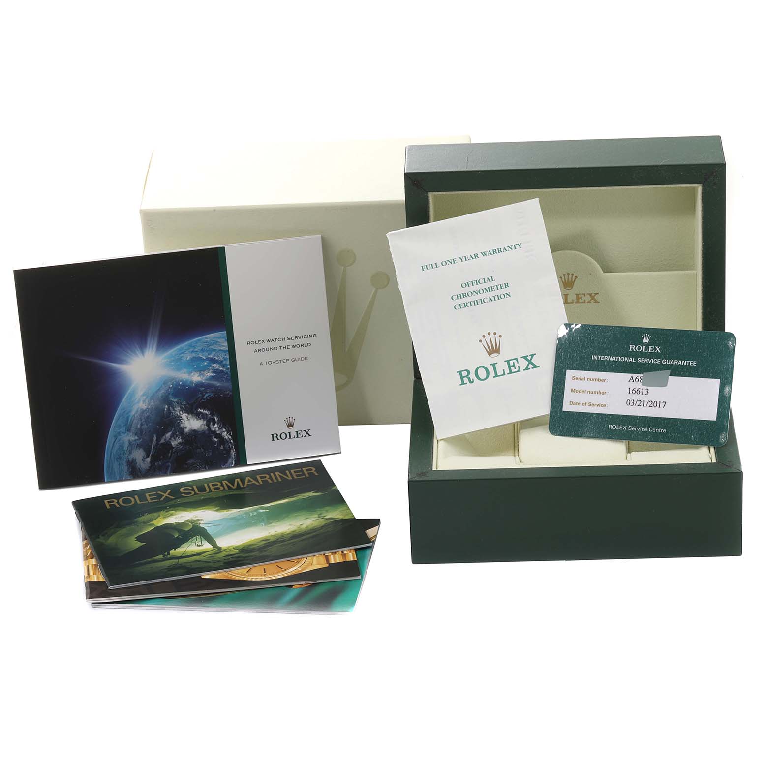 The image shows the packaging, booklets, and warranty cards for a Rolex Submariner 16613 Men's Steel and Gold (two tone) Blue Dial 16613 Men's Steel and Gold (two tone) Blue Dial watch, along with its display box.