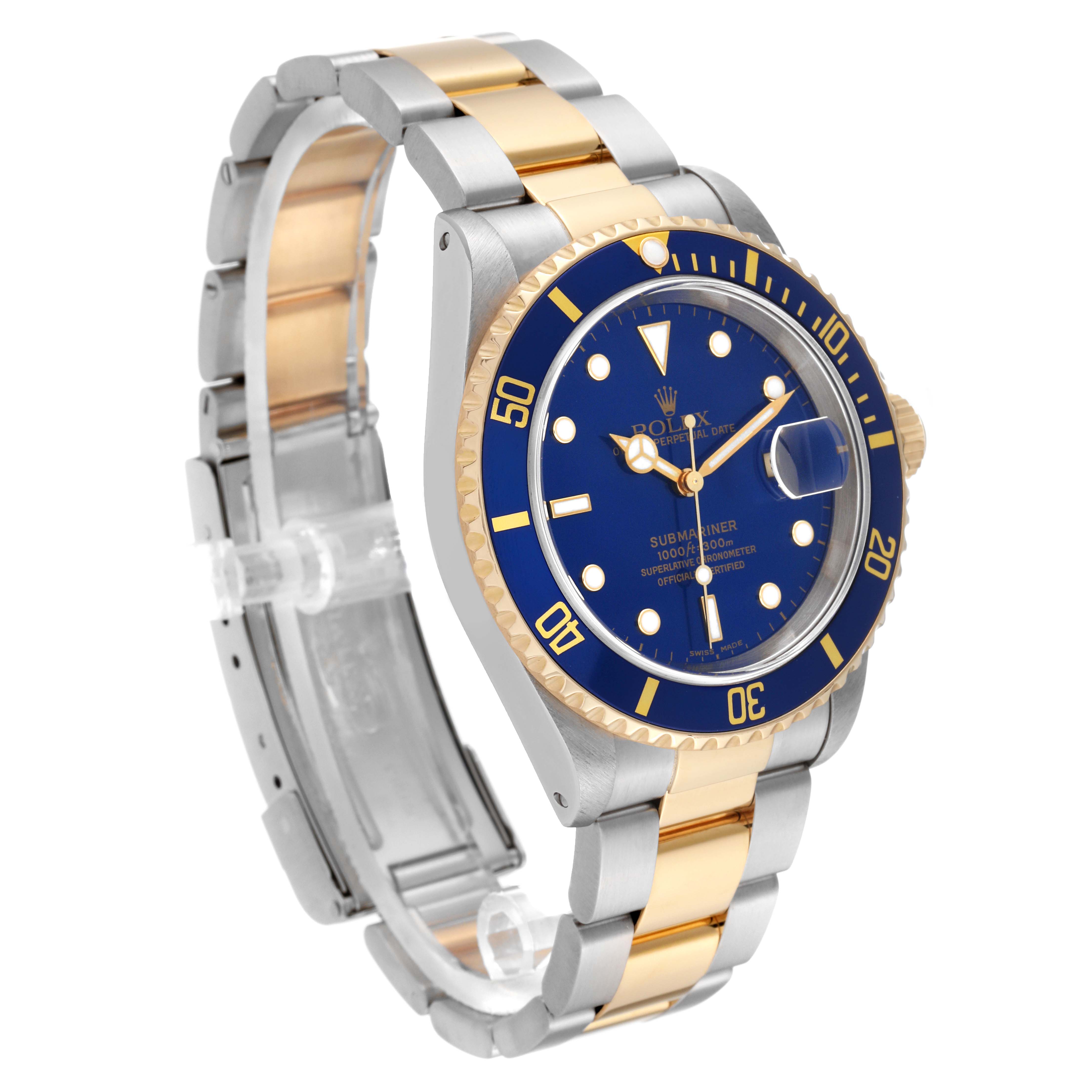 The image shows a Rolex Submariner 16613 Men's Steel and Gold (two tone) Blue Dial 16613 Men's Steel and Gold (two tone) Blue Dial watch at a 3/4 angle, highlighting its bracelet, bezel, dial, and crown.