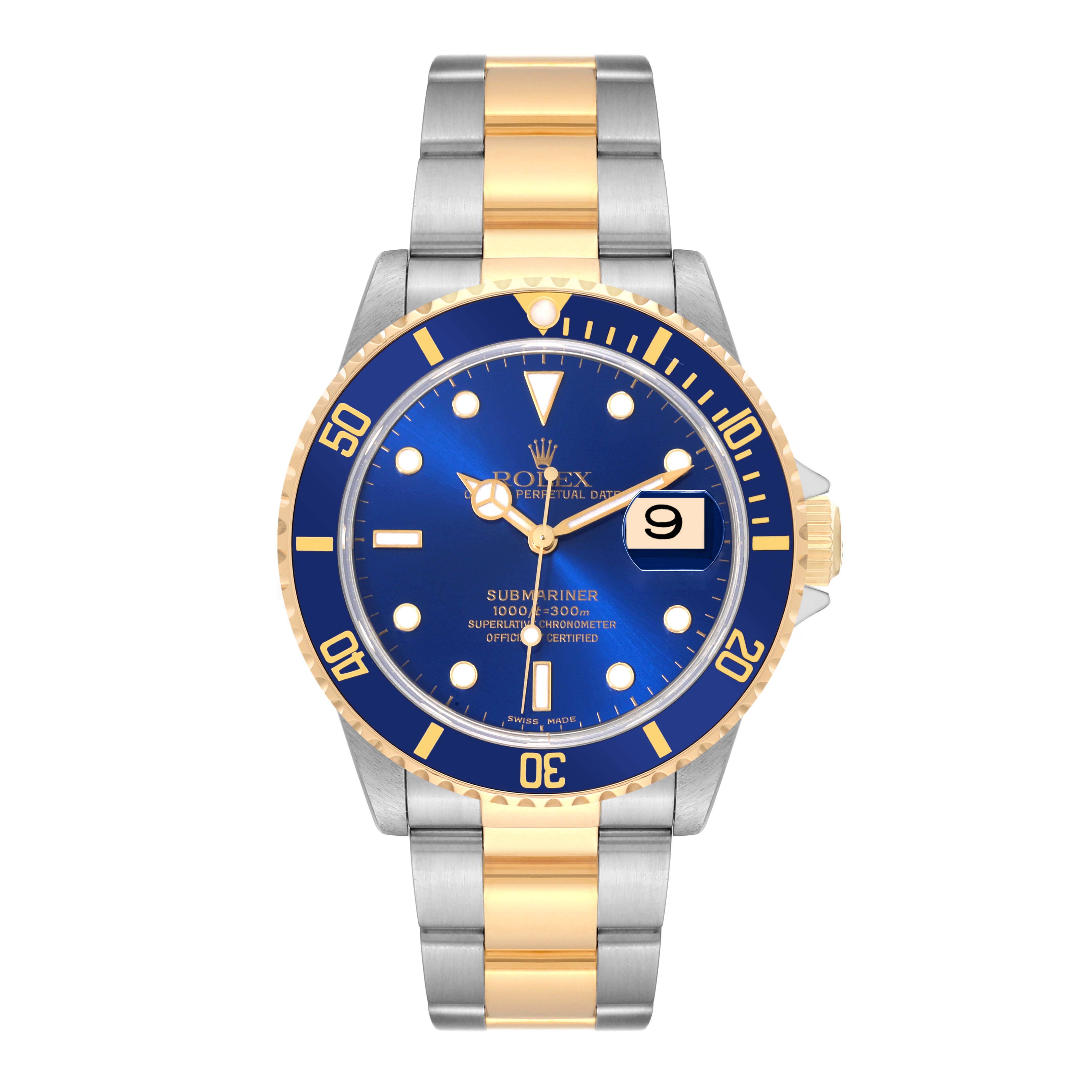 This image shows a Rolex Submariner 16613 Men's Steel and Gold (two tone) Blue Dial 16613 Men's Steel and Gold (two tone) Blue Dial watch with a blue dial and two-tone bracelet, viewed from the front.
