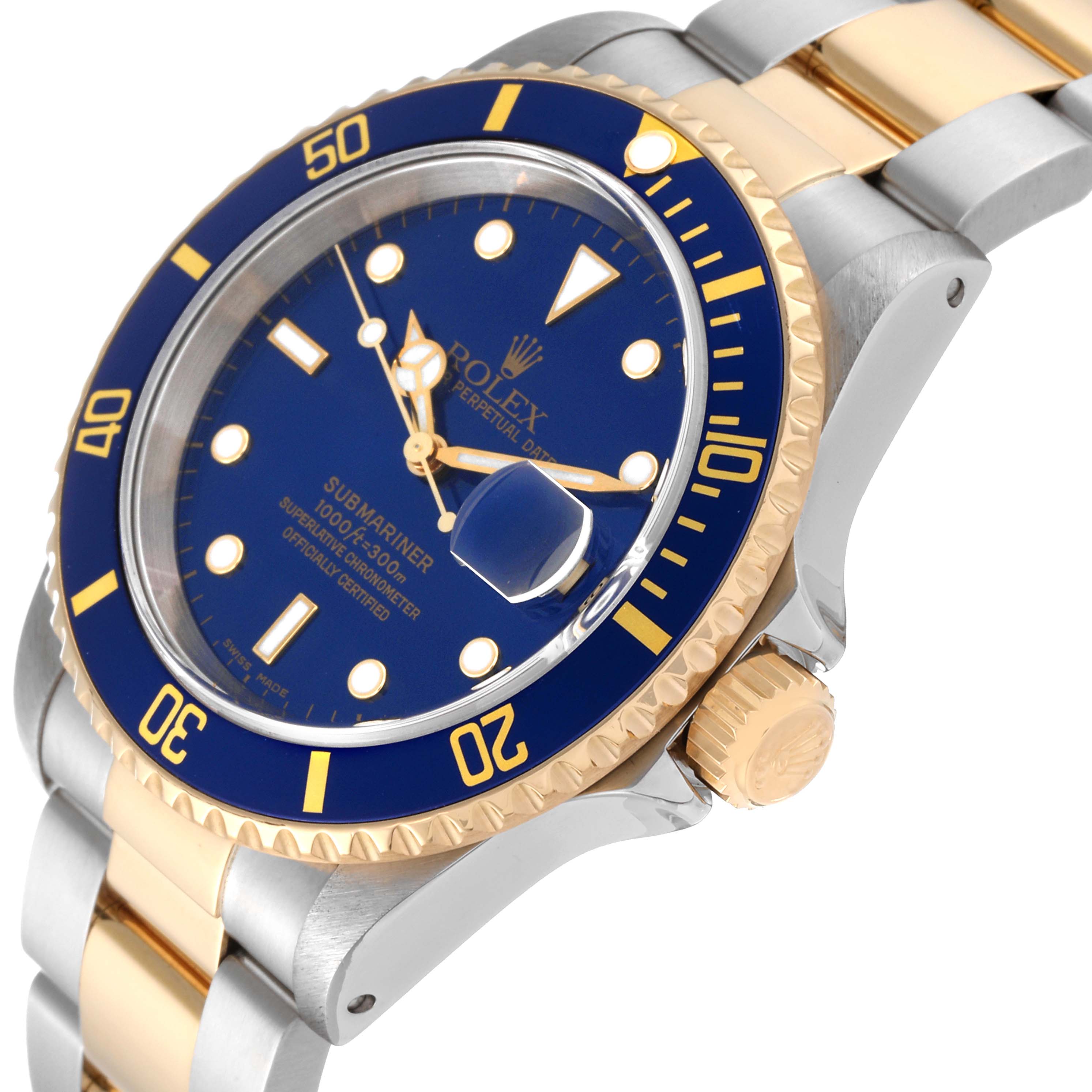 This image shows a close-up, angled view of the Rolex Submariner 16613 Men's Steel and Gold (two tone) Blue Dial 16613 Men's Steel and Gold (two tone) Blue Dial, highlighting its blue dial, bezel, and two-tone bracelet.