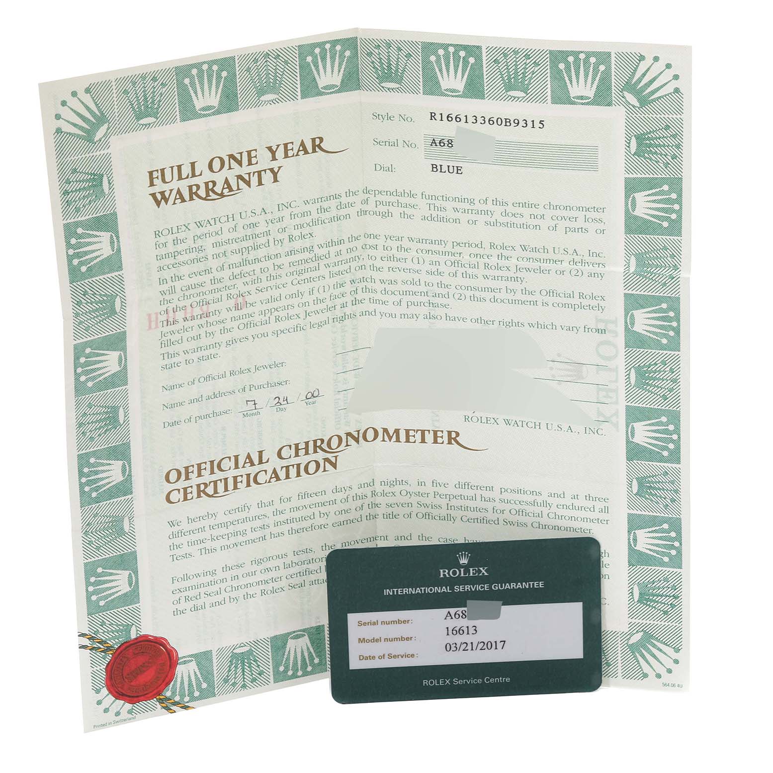 This image shows the warranty card and chronometer certification documents for a Rolex Submariner 16613 Men's Steel and Gold (two tone) Blue Dial 16613 Men's Steel and Gold (two tone) Blue Dial model watch.