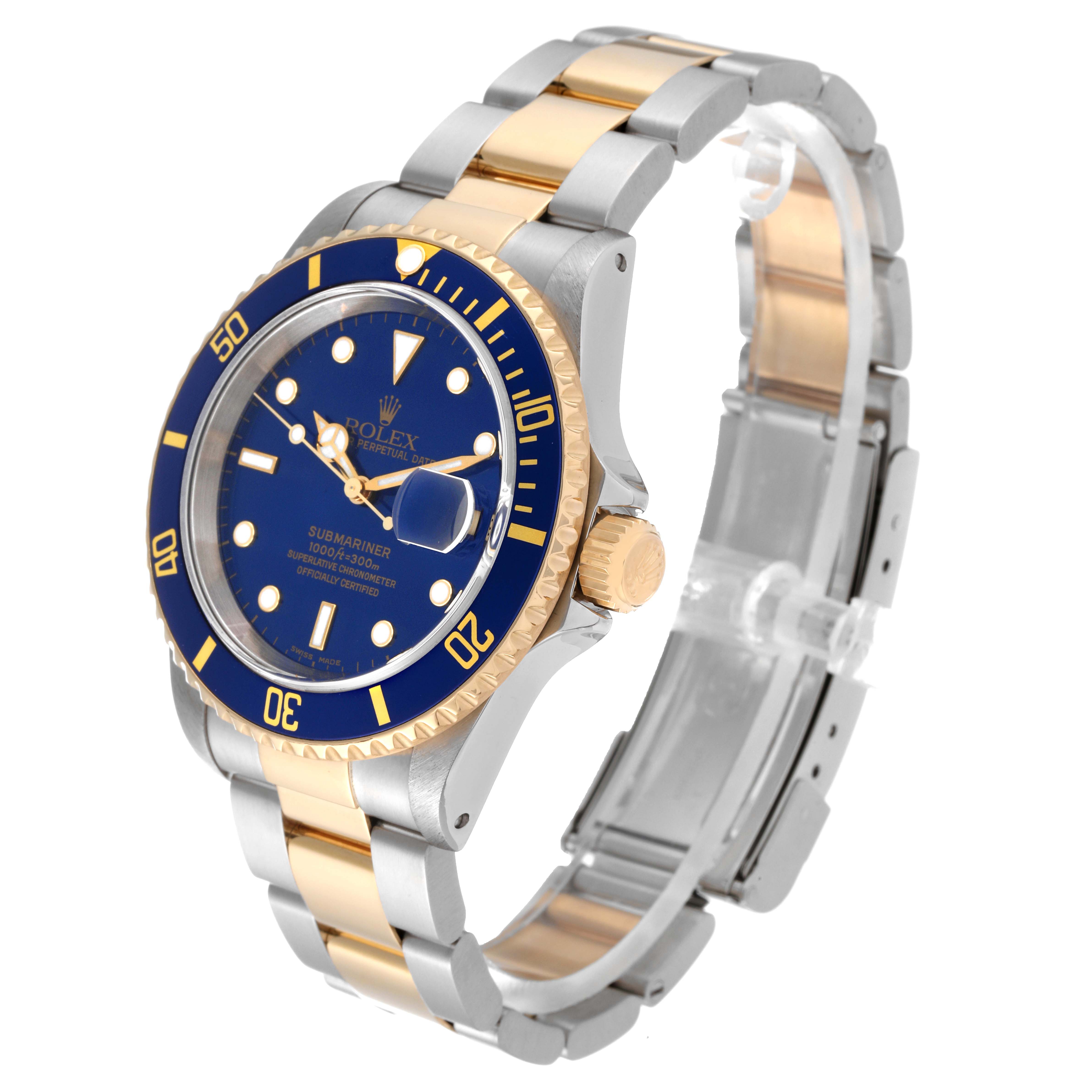 This image shows a Rolex Submariner 16613 Men's Steel and Gold (two tone) Blue Dial 16613 Men's Steel and Gold (two tone) Blue Dial watch from a three-quarter angle, highlighting its blue dial, bracelet, and gold accents.