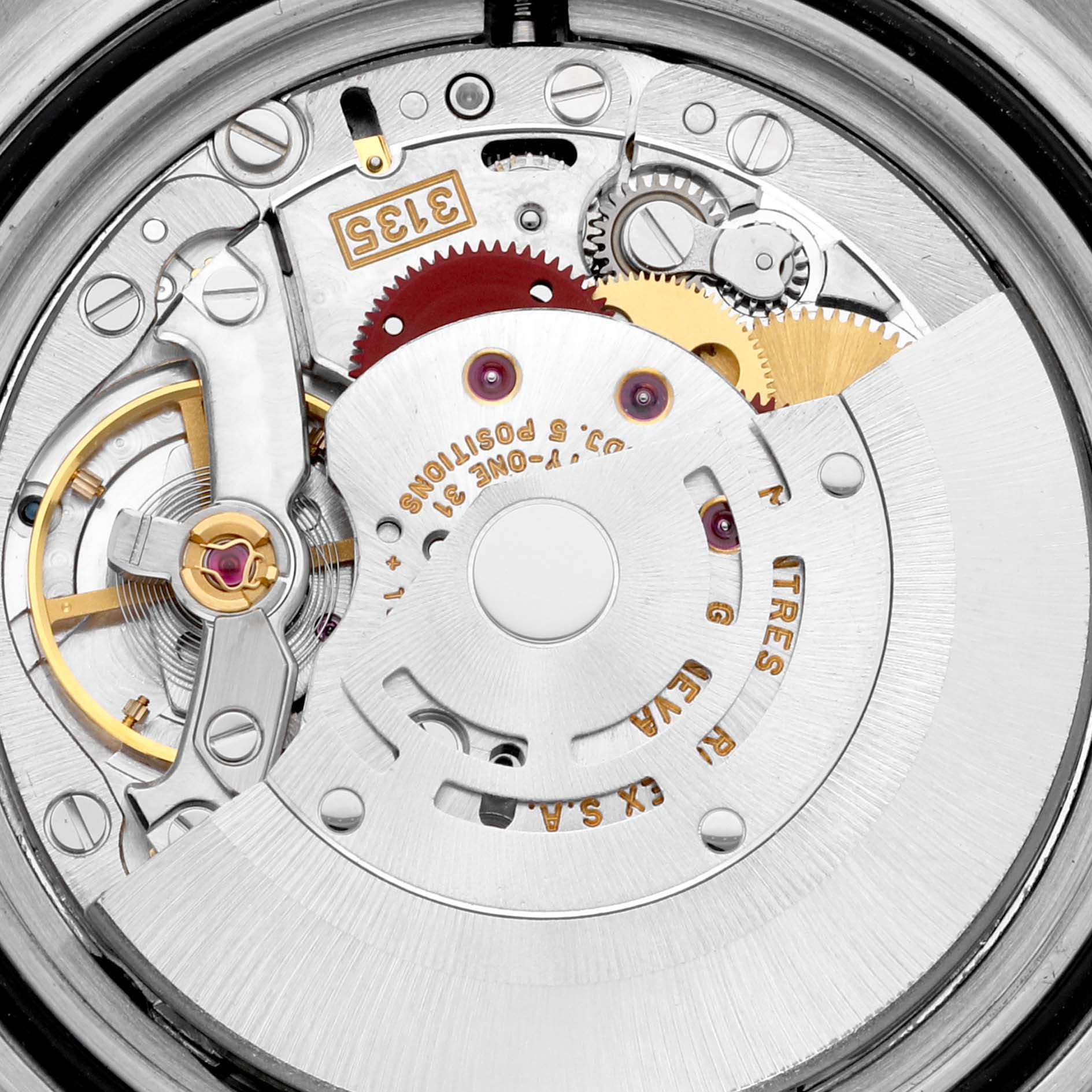 The image shows the internal movement mechanism of a Rolex Submariner 16613 Men's Steel and Gold (two tone) Blue Dial 16613 Men's Steel and Gold (two tone) Blue Dial watch from a close-up angle.