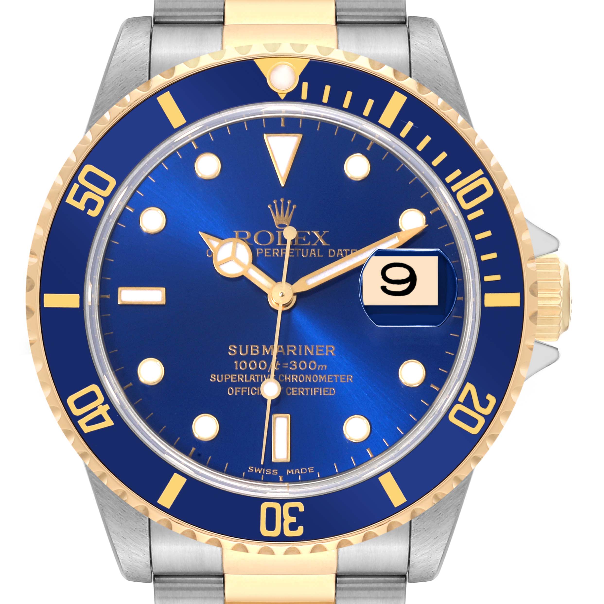 The Rolex Submariner 16613 Men's Steel and Gold (two tone) Blue Dial 16613 Men's Steel and Gold (two tone) Blue Dial watch is shown from a front angle, displaying its blue dial, date window, and bezel, with parts of the bracelet visible.