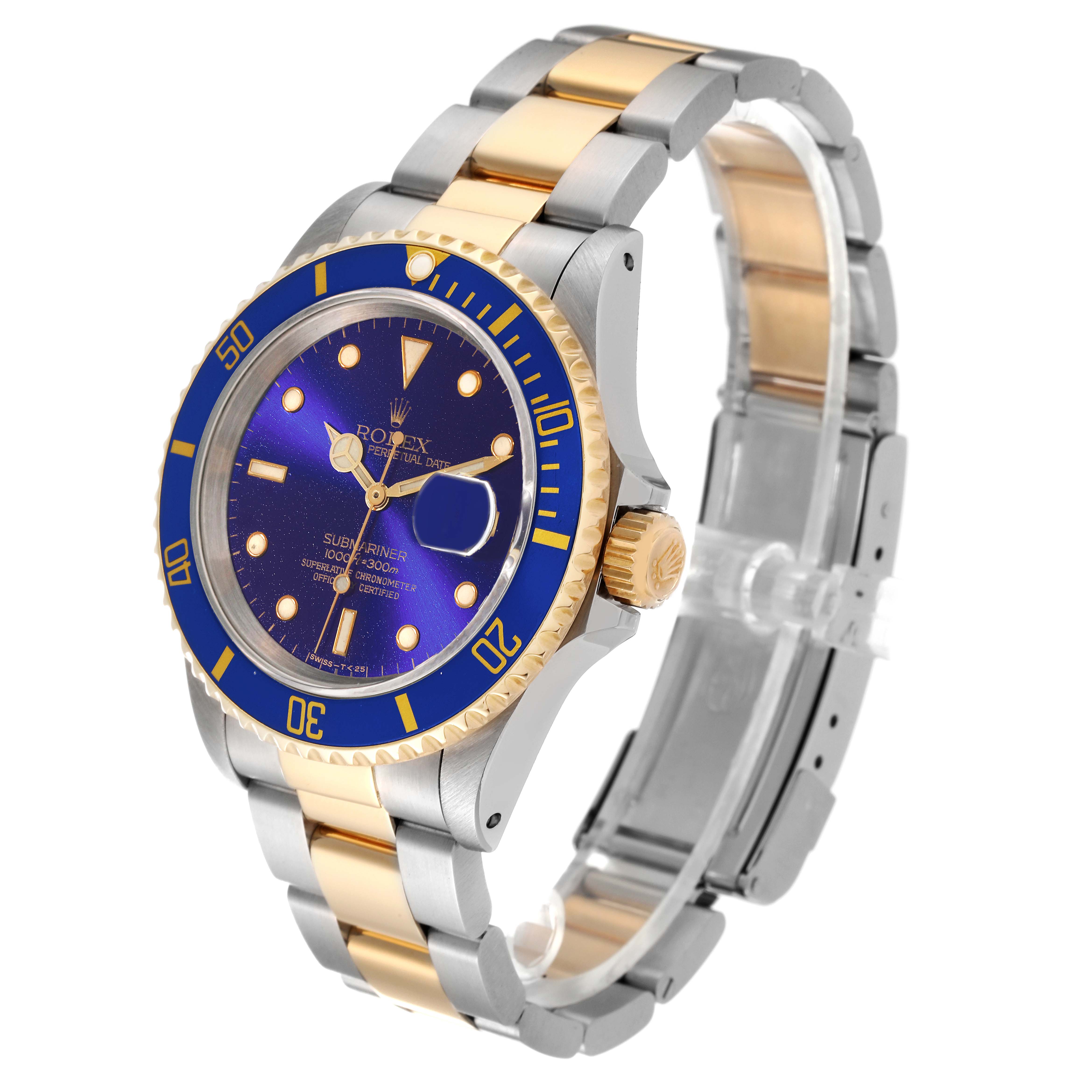 The photo shows a Rolex Submariner 16613 Men's Steel and Gold (two tone) Blue Dial 16613 Men's Steel and Gold (two tone) Blue Dial watch at an oblique angle, highlighting its blue dial, bezel, and two-tone bracelet.