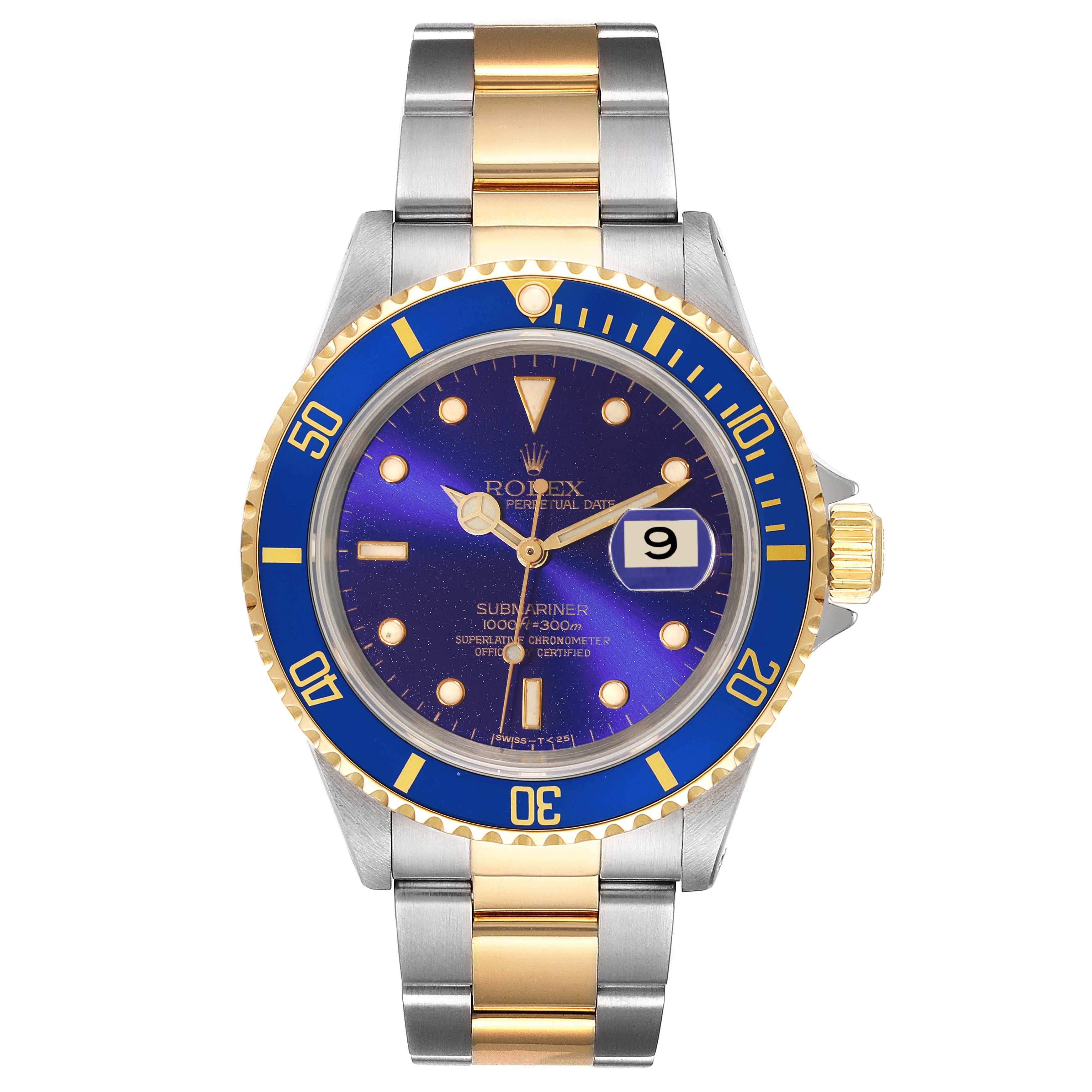 This image shows a front view of a Rolex Submariner 16613 Men's Steel and Gold (two tone) Blue Dial 16613 Men's Steel and Gold (two tone) Blue Dial watch, highlighting the blue dial, gold and silver bracelet, and date window.