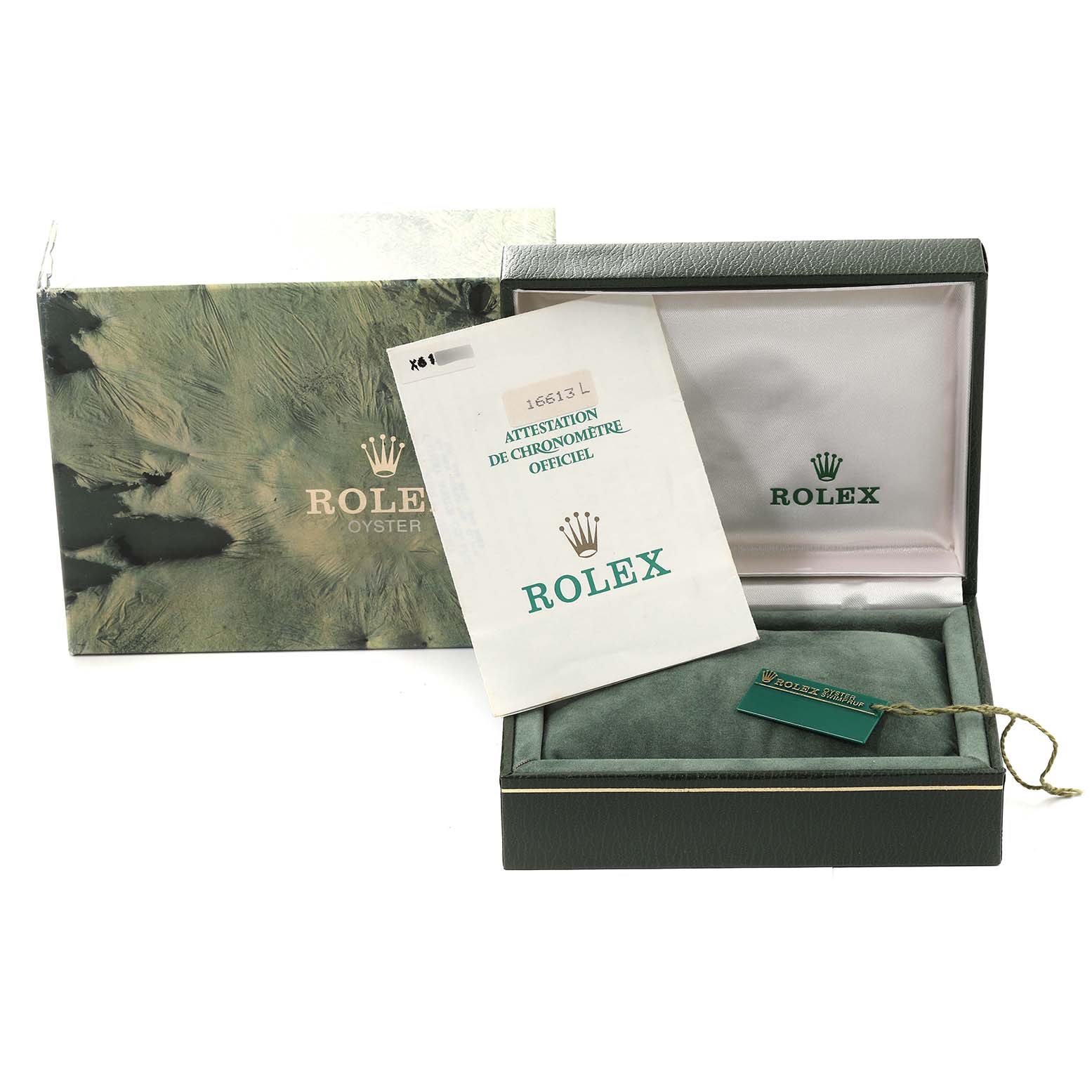 The image shows a Rolex Submariner 16613 Men's Steel and Gold (two tone) Blue Dial 16613 Men's Steel and Gold (two tone) Blue Dial box, booklet, and tag from an angled top-front view.