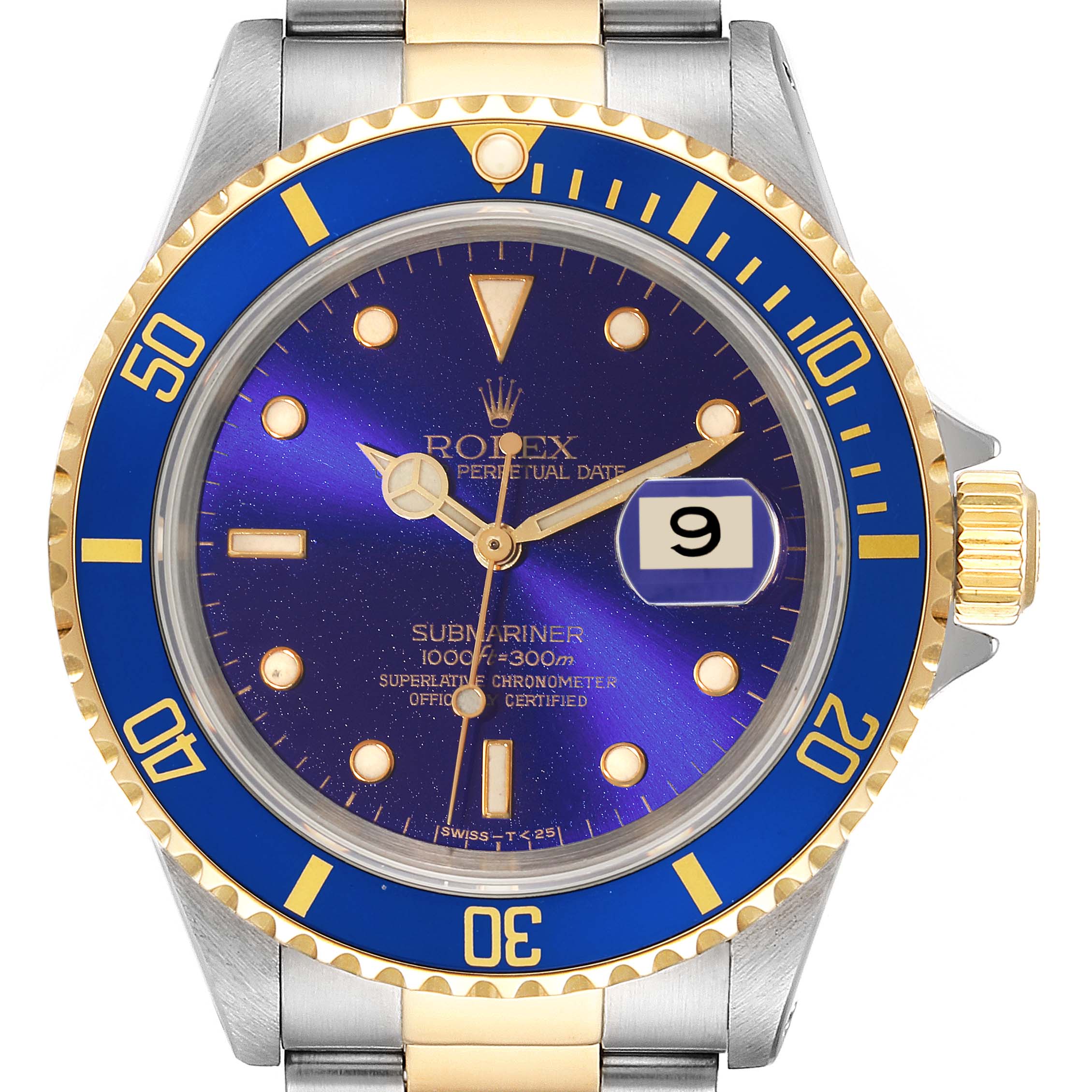 The image shows a frontal view of a Rolex Submariner 16613 Men's Steel and Gold (two tone) Blue Dial 16613 Men's Steel and Gold (two tone) Blue Dial watch featuring a blue dial and bezel with gold accents.