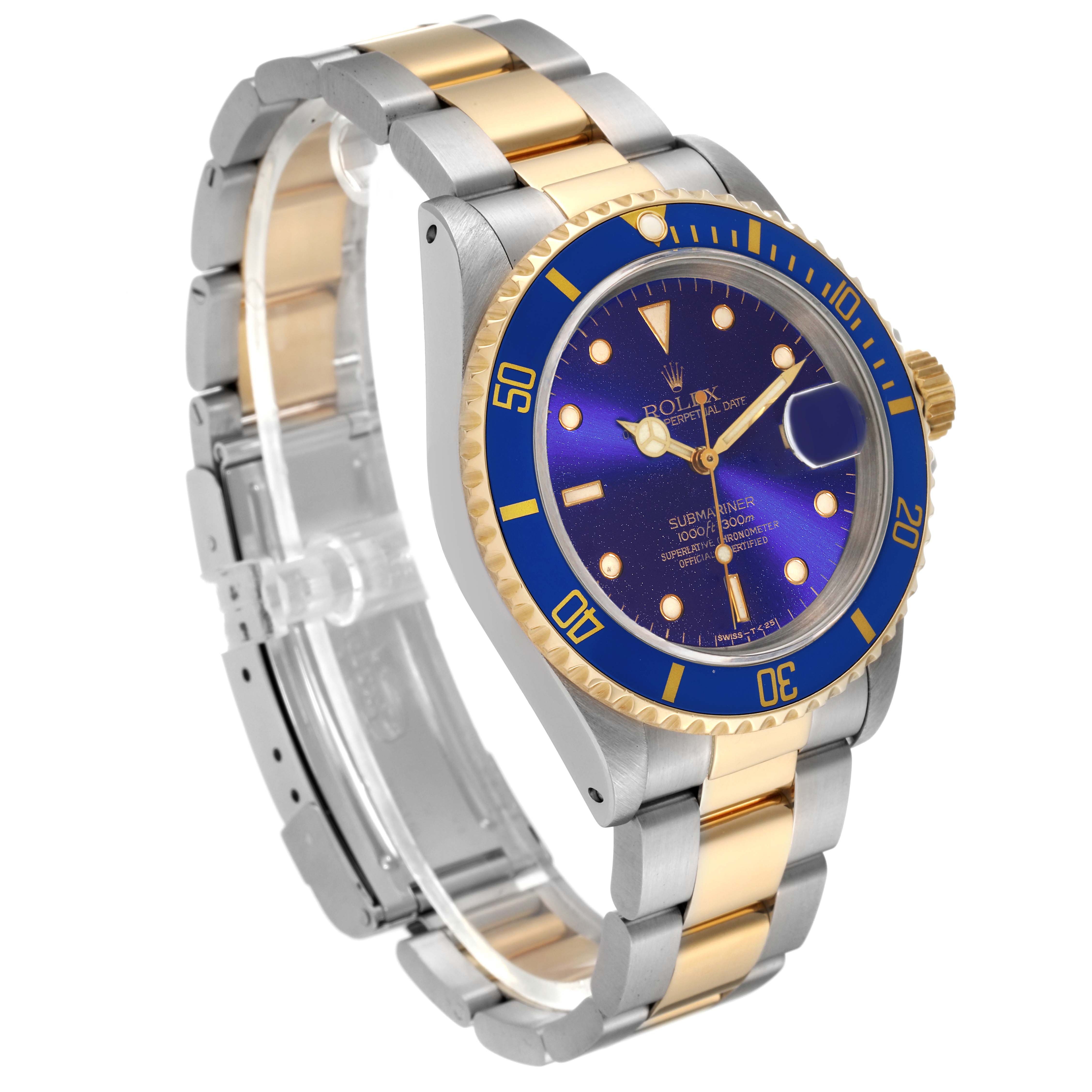 The image shows a Rolex Submariner 16613 Men's Steel and Gold (two tone) Blue Dial 16613 Men's Steel and Gold (two tone) Blue Dial watch at a three-quarter angle, displaying its face, bezel, crown, and two-tone metal bracelet.
