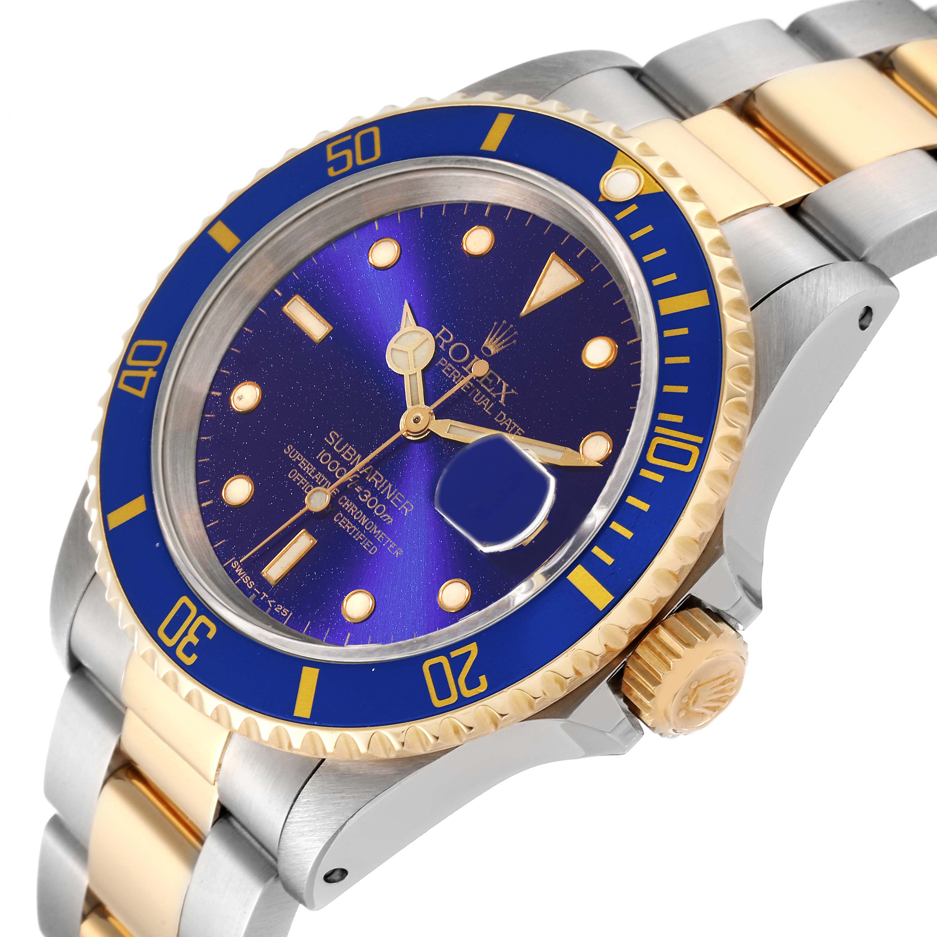 The image shows an angled view of a Rolex Submariner 16613 Men's Steel and Gold (two tone) Blue Dial 16613 Men's Steel and Gold (two tone) Blue Dial watch, highlighting the dial, bezel, crown, and part of the bracelet.