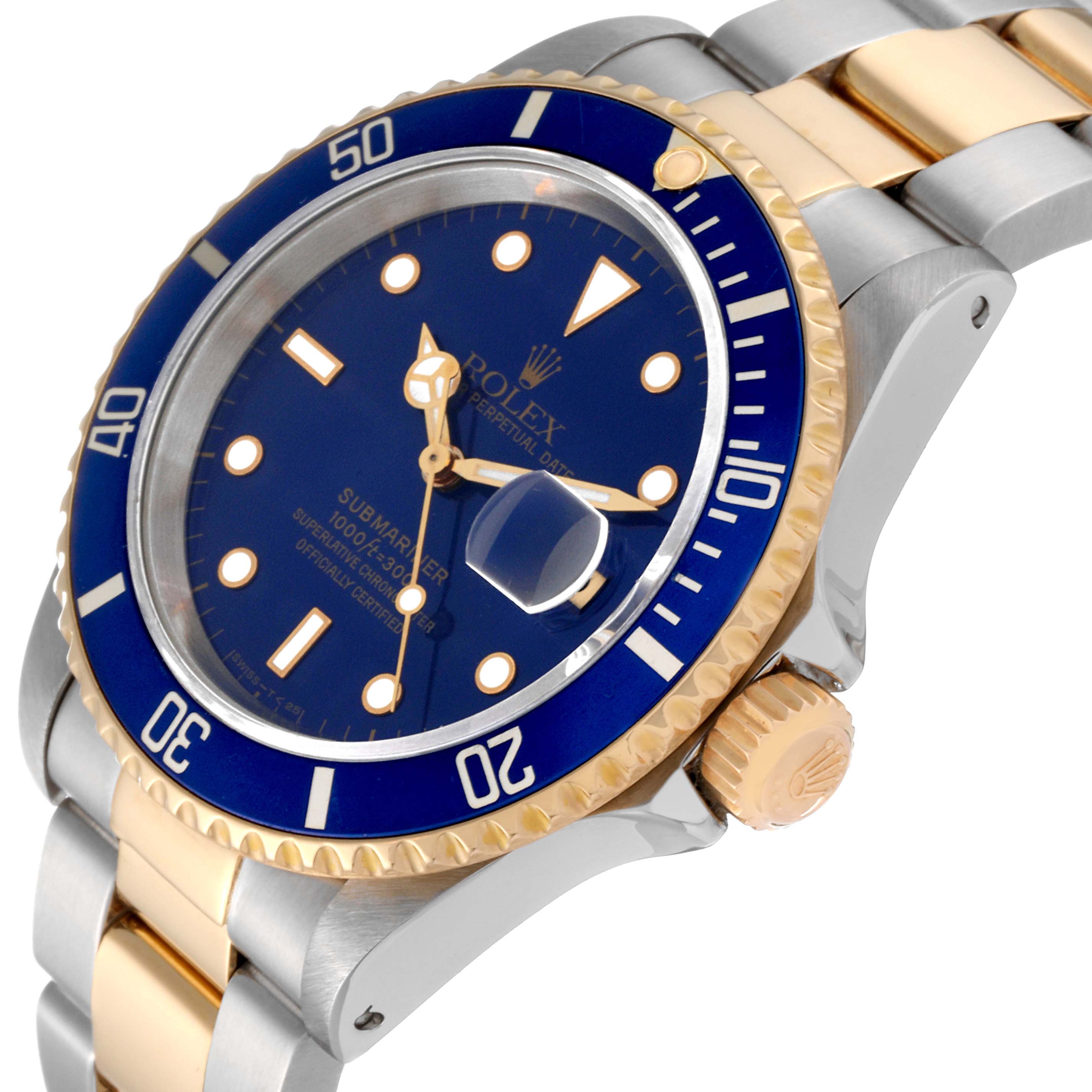 This image shows a close-up view of a Rolex Submariner 16613 Men's Steel and Gold (two tone) Blue Dial 16613 Men's Steel and Gold (two tone) Blue Dial watch, highlighting the blue bezel, dial, and gold crown at an angled perspective.