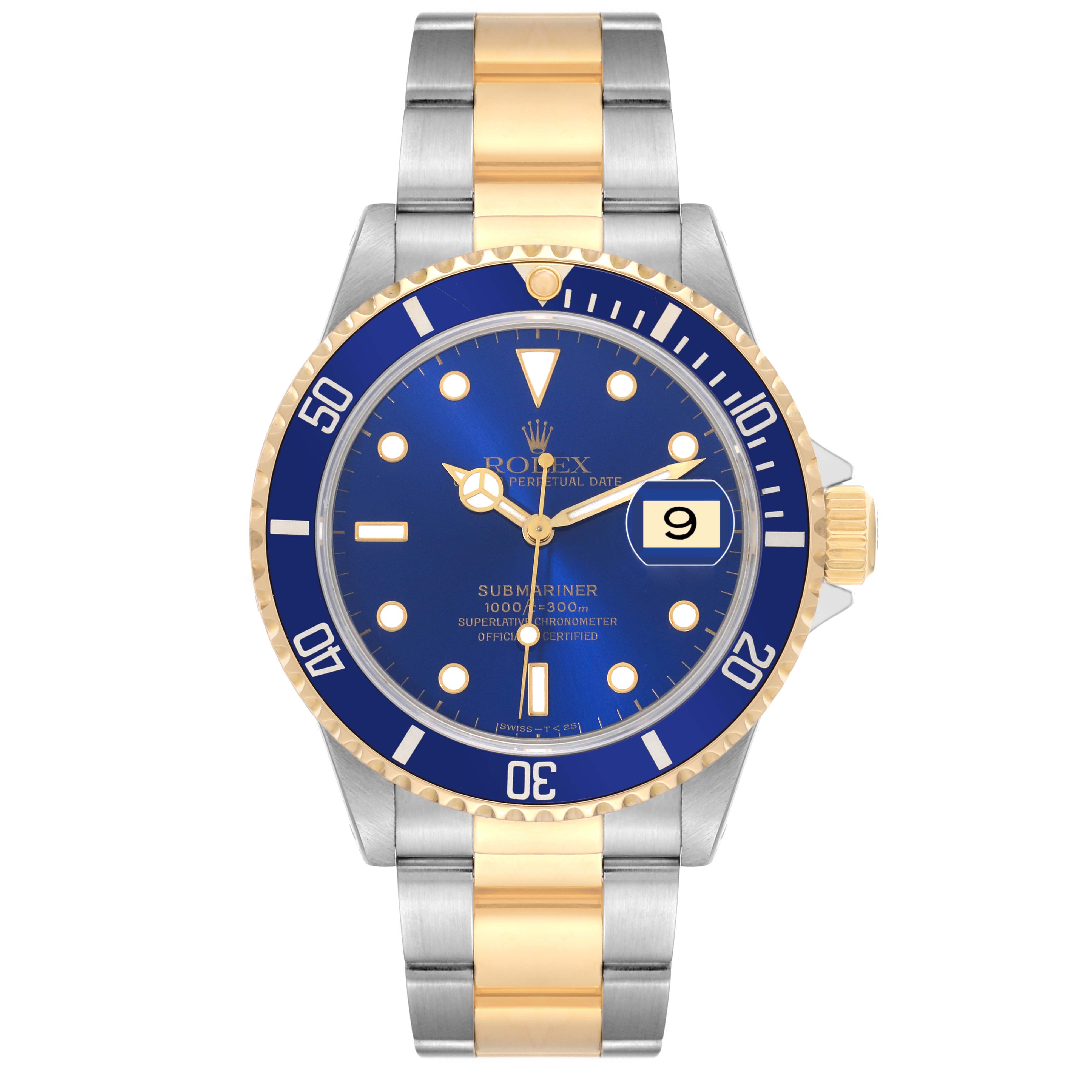 The Rolex Submariner 16613 Men's Steel and Gold (two tone) Blue Dial 16613 Men's Steel and Gold (two tone) Blue Dial watch is shown from a top-down angle, featuring its blue dial, date window, and two-tone bracelet.