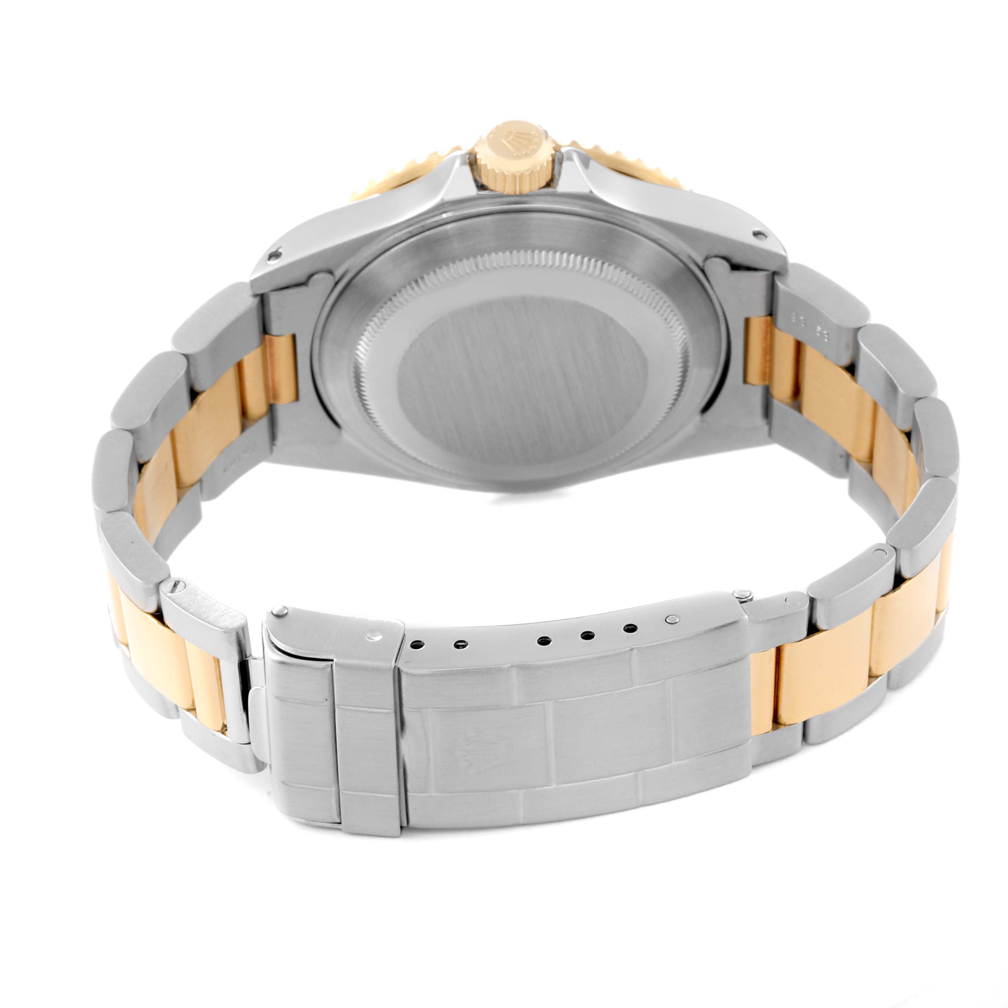 This image shows the back and bracelet of a Rolex Submariner 16613 Men's Steel and Gold (two tone) Blue Dial 16613 Men's Steel and Gold (two tone) Blue Dial watch from a rear angle.