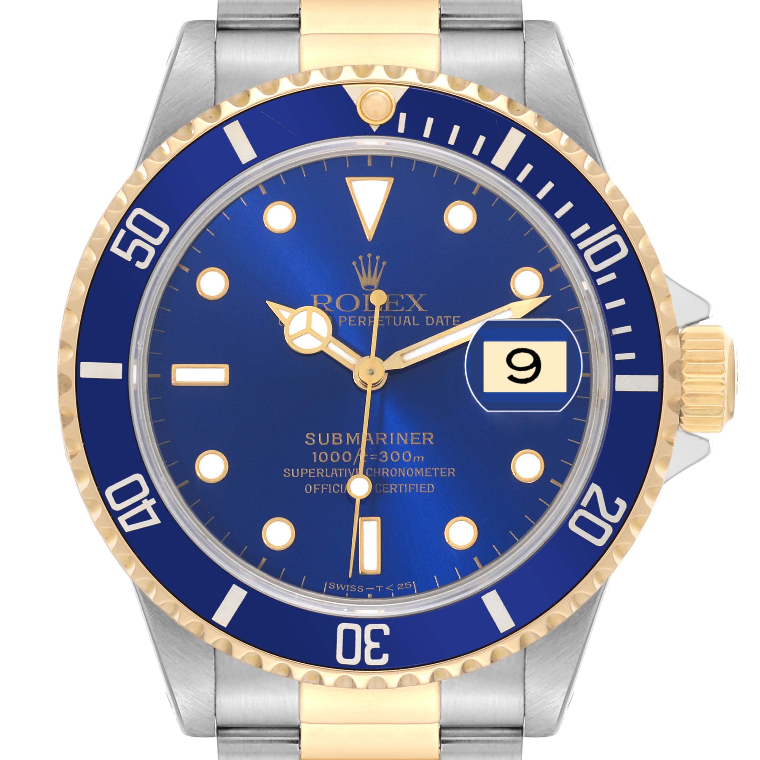This image shows a frontal view of a Rolex Submariner 16613 Men's Steel and Gold (two tone) Blue Dial 16613 Men's Steel and Gold (two tone) Blue Dial watch, highlighting its blue dial, gold accents, and bezel.