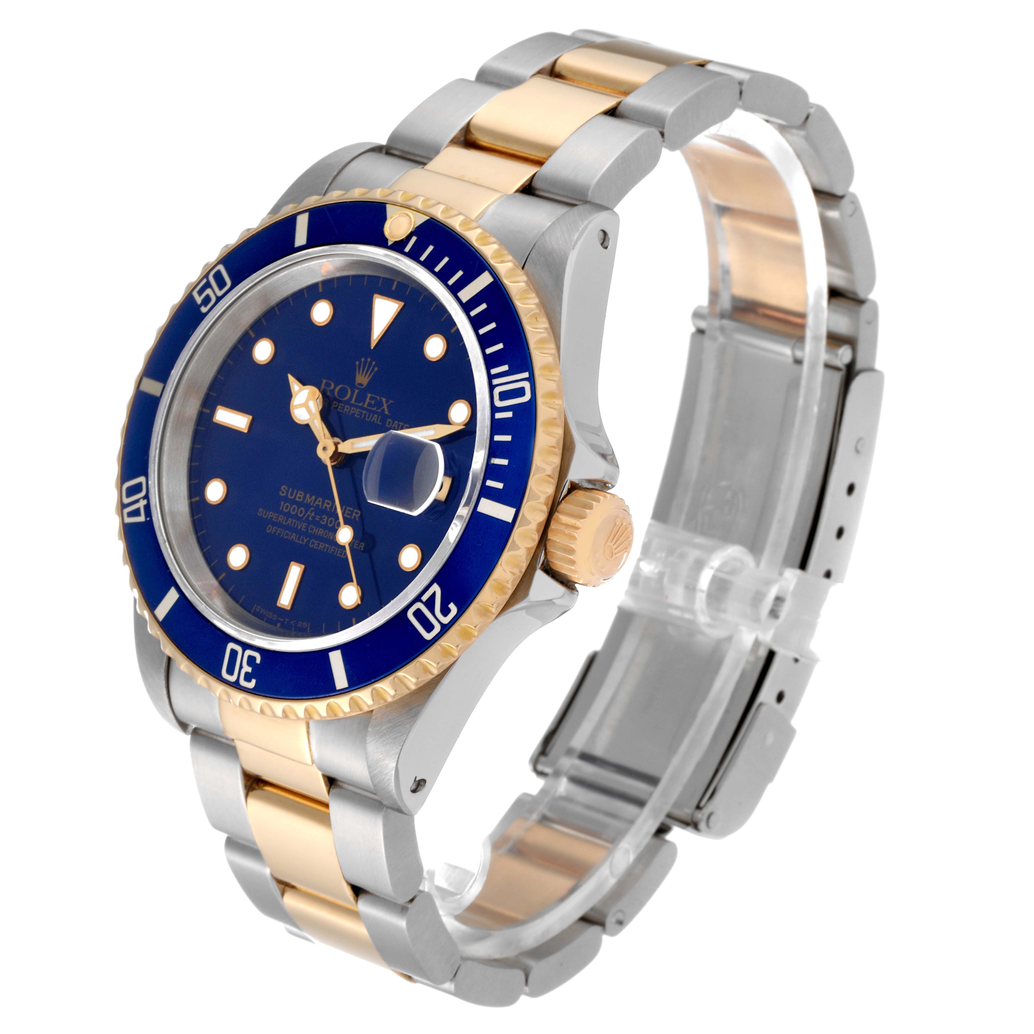 The image shows a Rolex Submariner 16613 Men's Steel and Gold (two tone) Blue Dial 16613 Men's Steel and Gold (two tone) Blue Dial watch at a 3/4 angle, highlighting the face, bezel, bracelet, and crown.