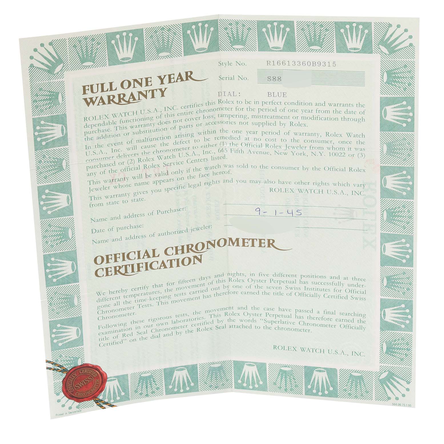 This image shows the official chronometer certification and full one-year warranty card for a Rolex Submariner 16613 Men's Steel and Gold (two tone) Blue Dial 16613 Men's Steel and Gold (two tone) Blue Dial model.