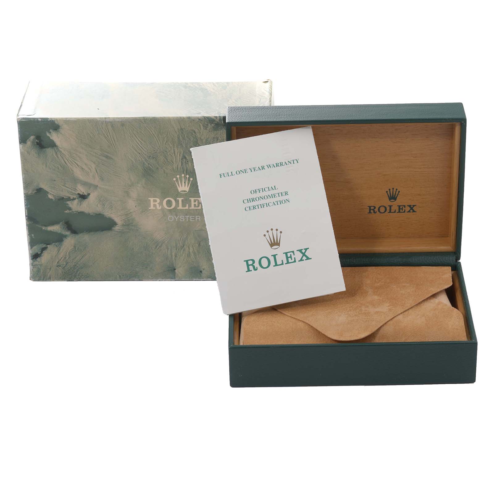 The image shows a Rolex Submariner 16613 Men's Steel and Gold (two tone) Blue Dial 16613 Men's Steel and Gold (two tone) Blue Dial watch box open, with the outer box, and a warranty/chronometer certification card partially inside.