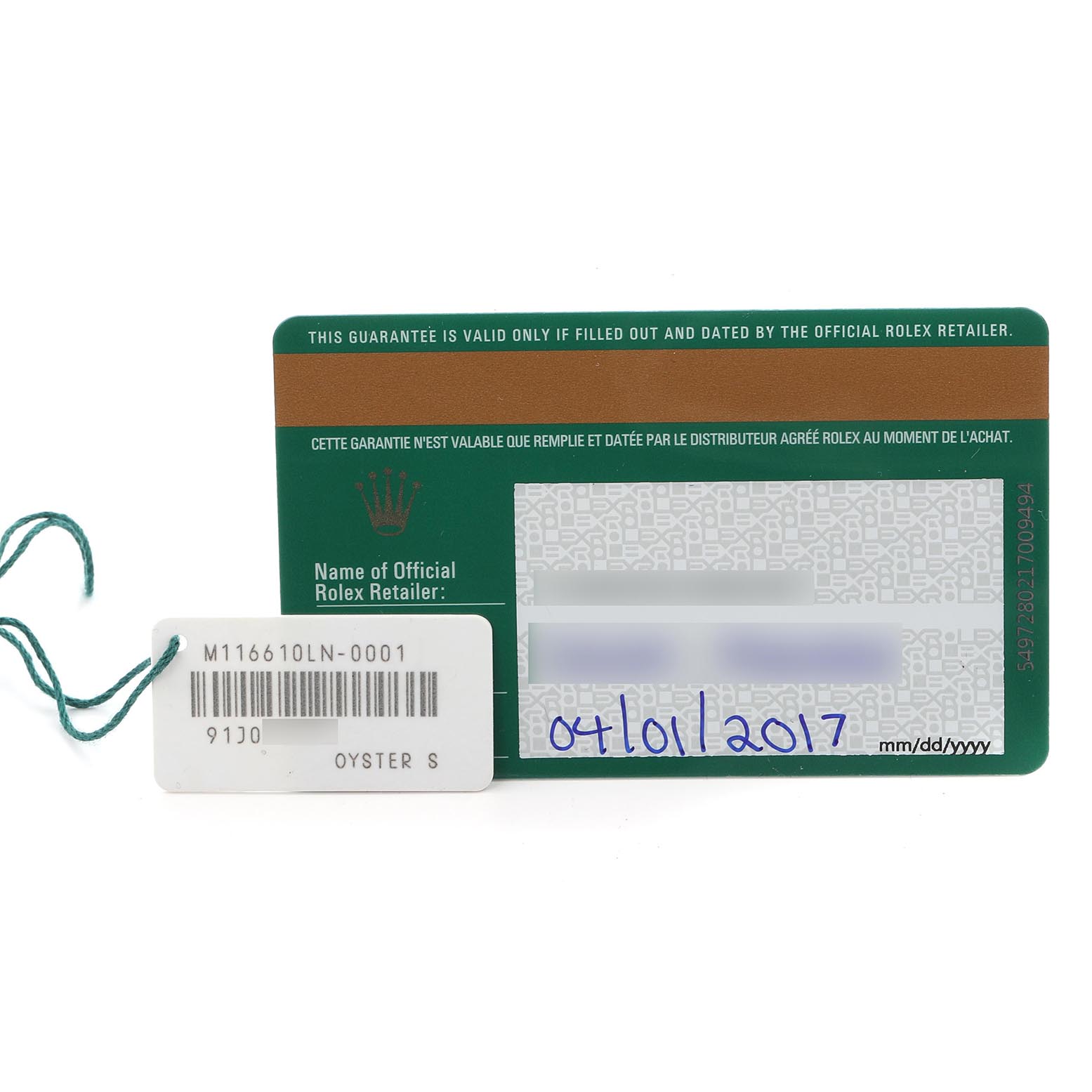 The image shows a warranty card and tag for a Rolex Submariner 116610 Men's Stainless Steel Black Dial 116610 Men's Stainless Steel Black Dial, highlighting the serial number and purchase date.