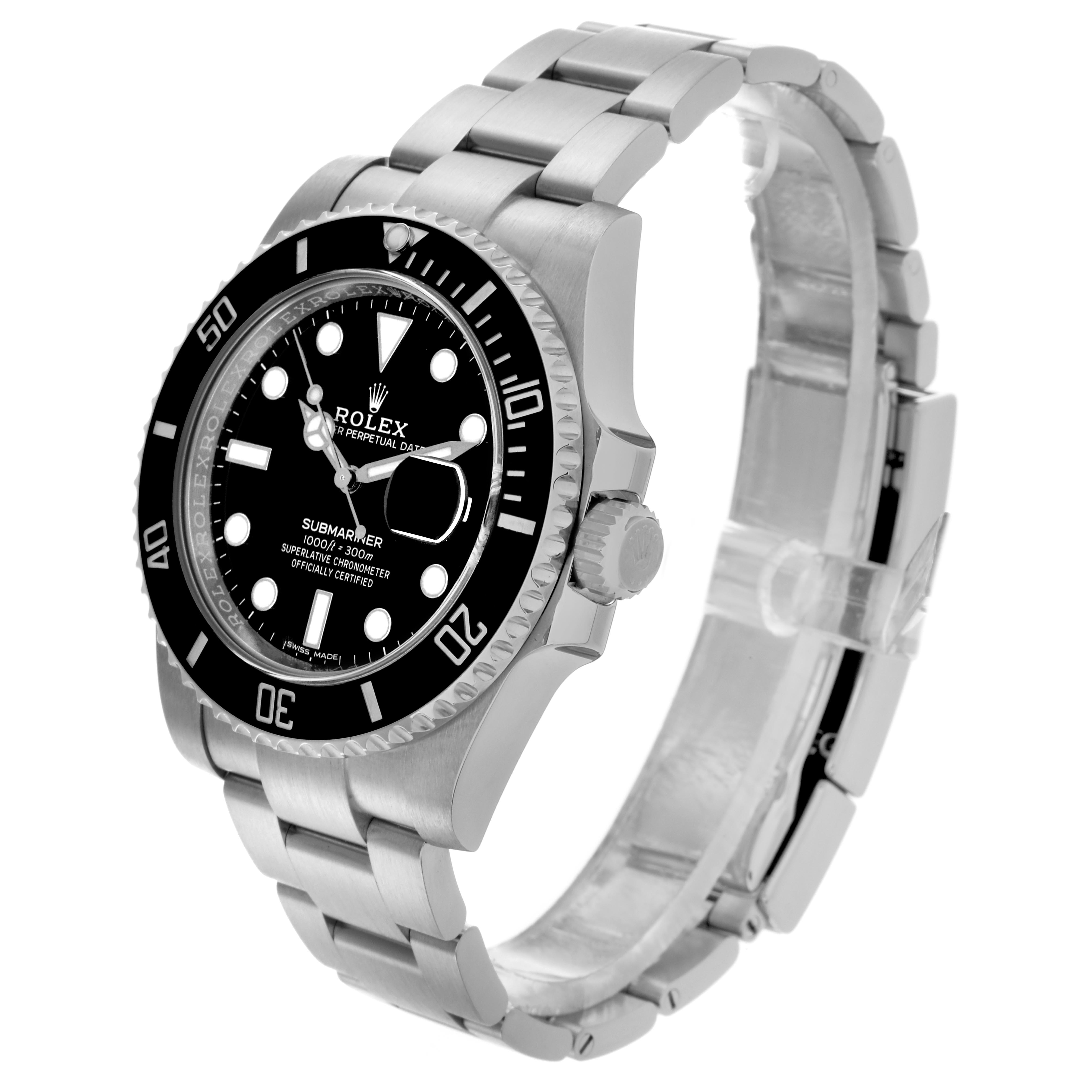 The Rolex Submariner 116610 Men's Stainless Steel Black Dial 116610 Men's Stainless Steel Black Dial is shown at an angled side view, highlighting its bezel, crown, and bracelet.