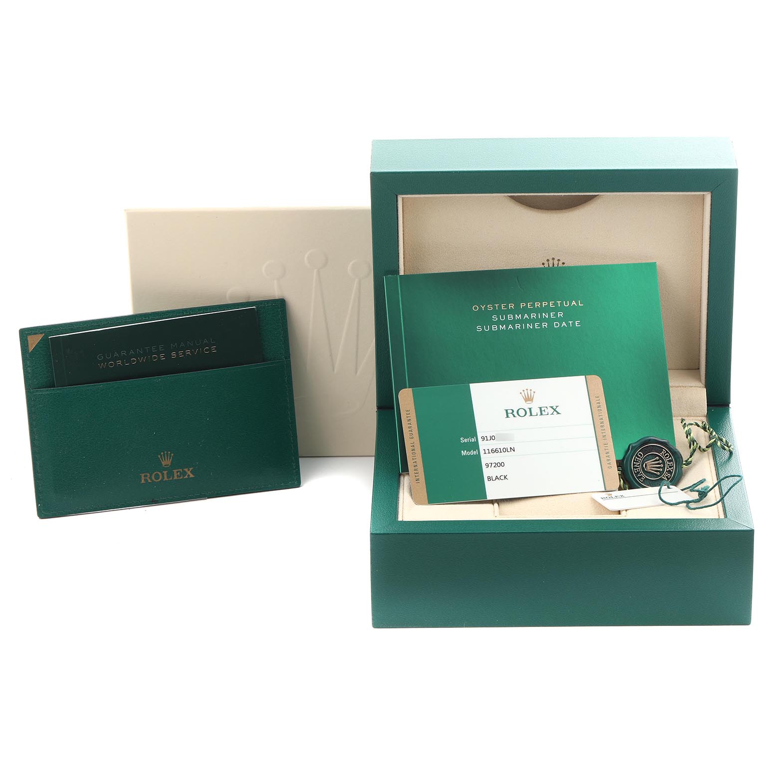 The image shows the packaging and accessories for a Rolex Submariner 116610 Men's Stainless Steel Black Dial 116610 Men's Stainless Steel Black Dial, including the box, guarantee manual, and certification card.