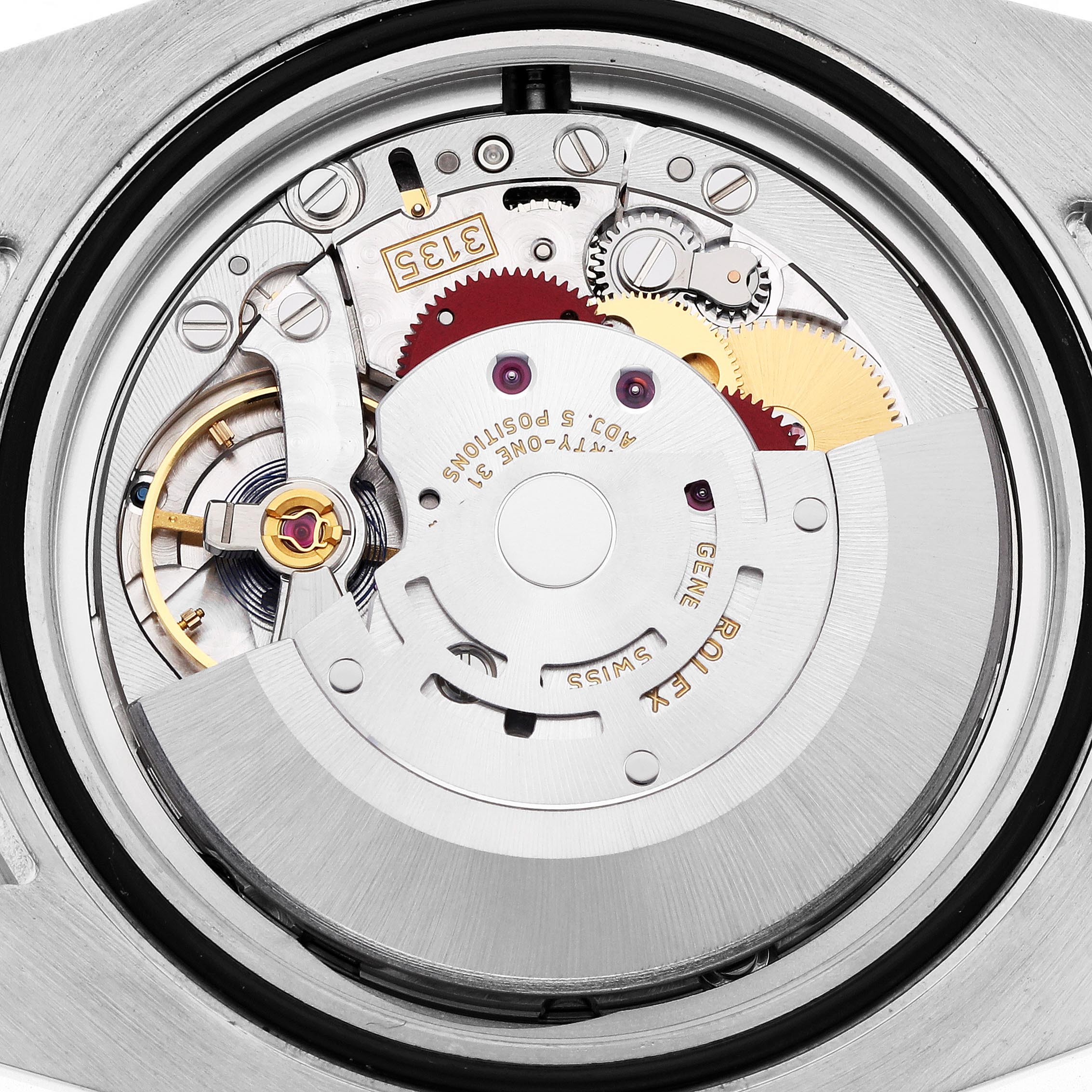 The image shows the movement of a Rolex Submariner 116610 Men's Stainless Steel Black Dial 116610 Men's Stainless Steel Black Dial, highlighting gears and internal components from a back view angle.