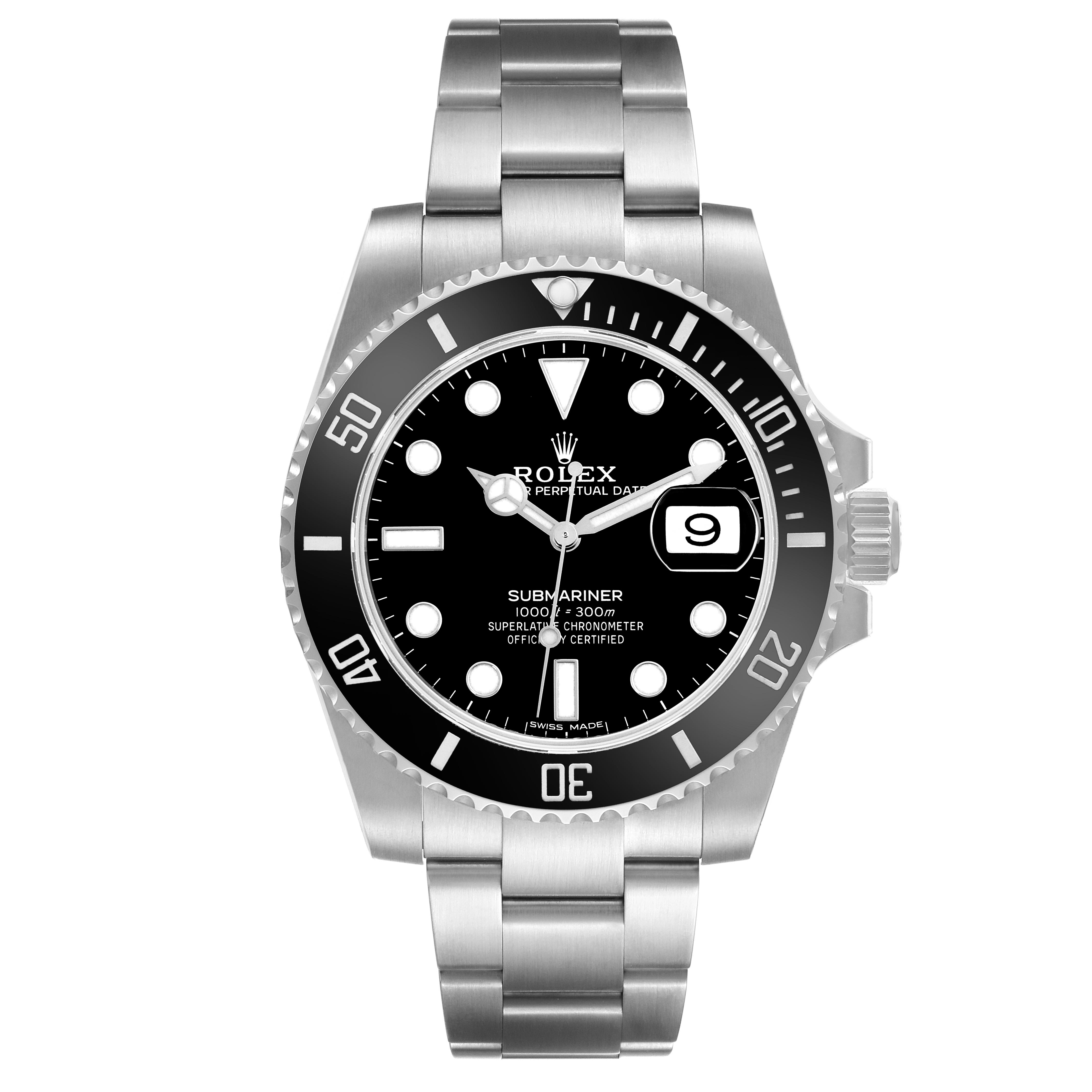 The Rolex Submariner 116610 Men's Stainless Steel Black Dial 116610 Men's Stainless Steel Black Dial is shown from the front, displaying the dial, bezel, and bracelet clearly.