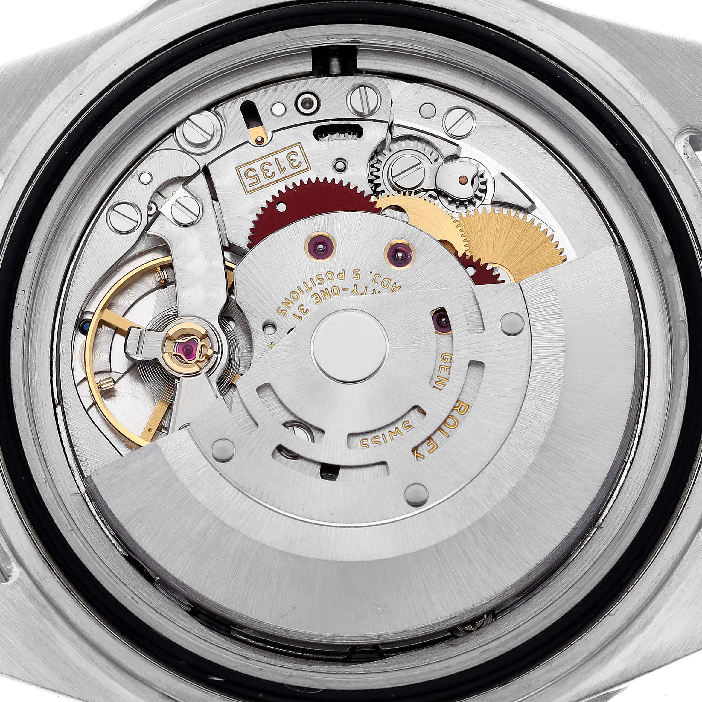 This is the inner mechanism of a Rolex Submariner 16610 Men
s Stainless Steel Black Dial 16610 Men
s Stainless Steel Black Dial watch as seen from a rear view, showing the intricate gears and parts.