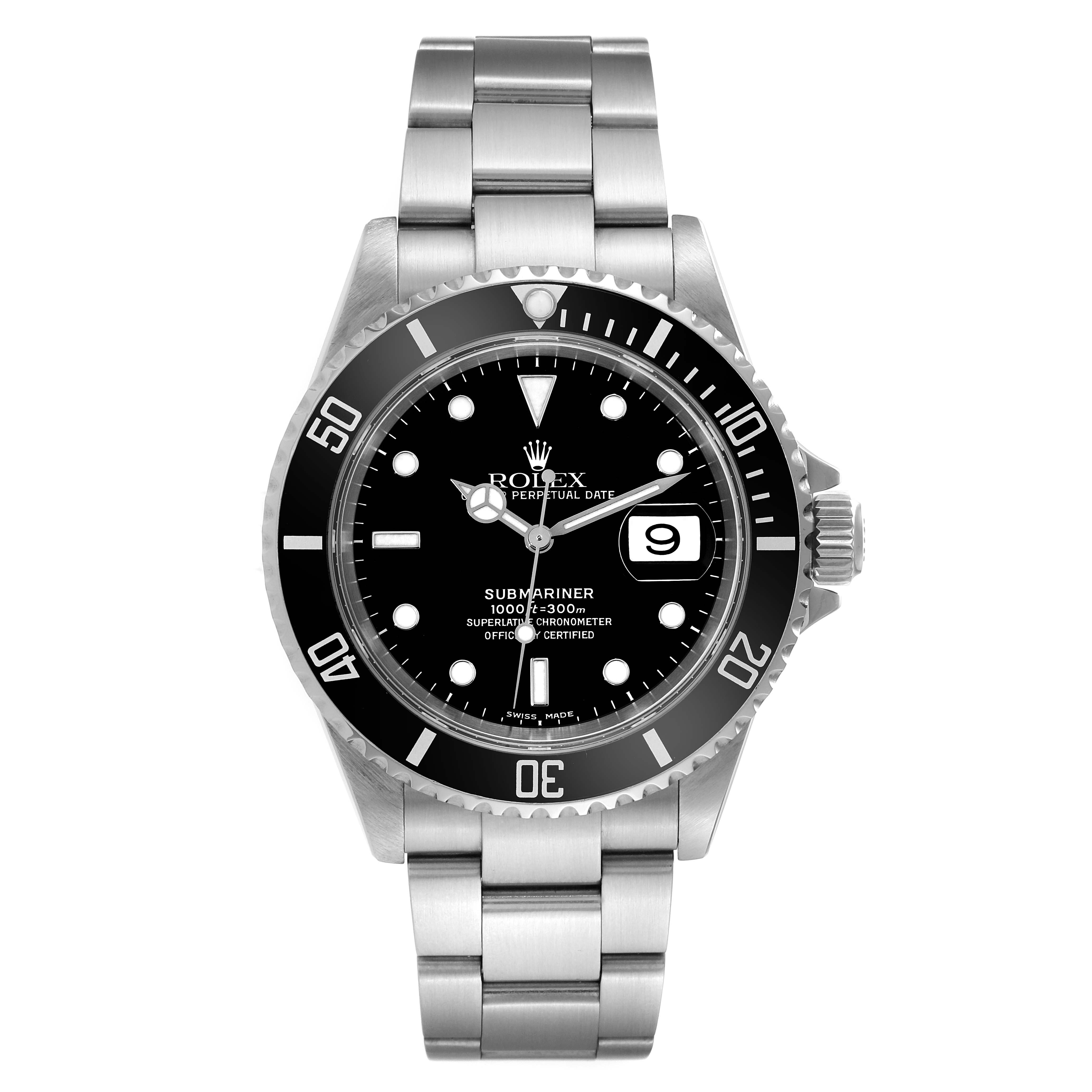 The image displays a front view of a Rolex Submariner 16610 Men
s Stainless Steel Black Dial 16610 Men
s Stainless Steel Black Dial watch, showing its dial, bezel, bracelet, and crown.