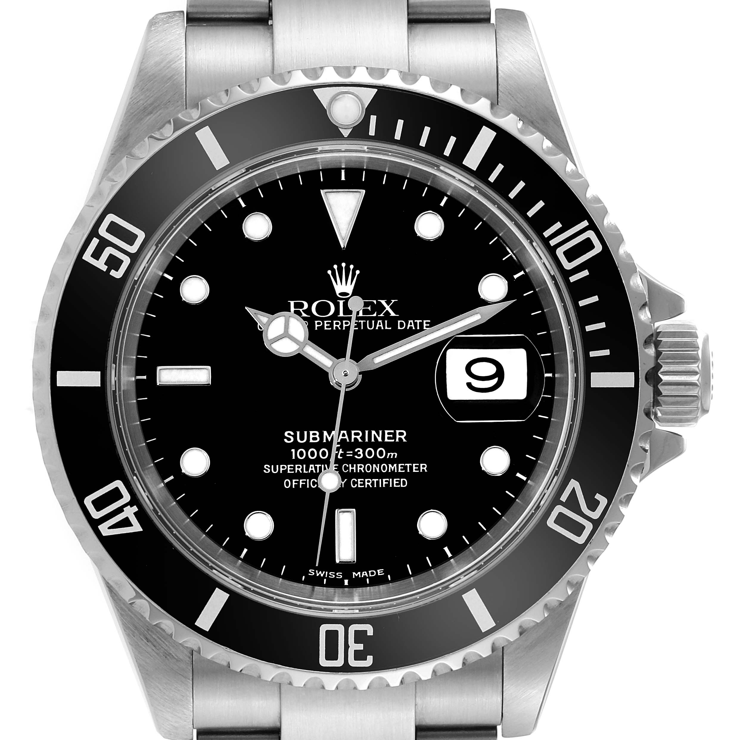 The image shows a front view of a Rolex Submariner 16610 Men
s Stainless Steel Black Dial 16610 Men
s Stainless Steel Black Dial watch, displaying its dial, bezel, crown, and part of the bracelet.