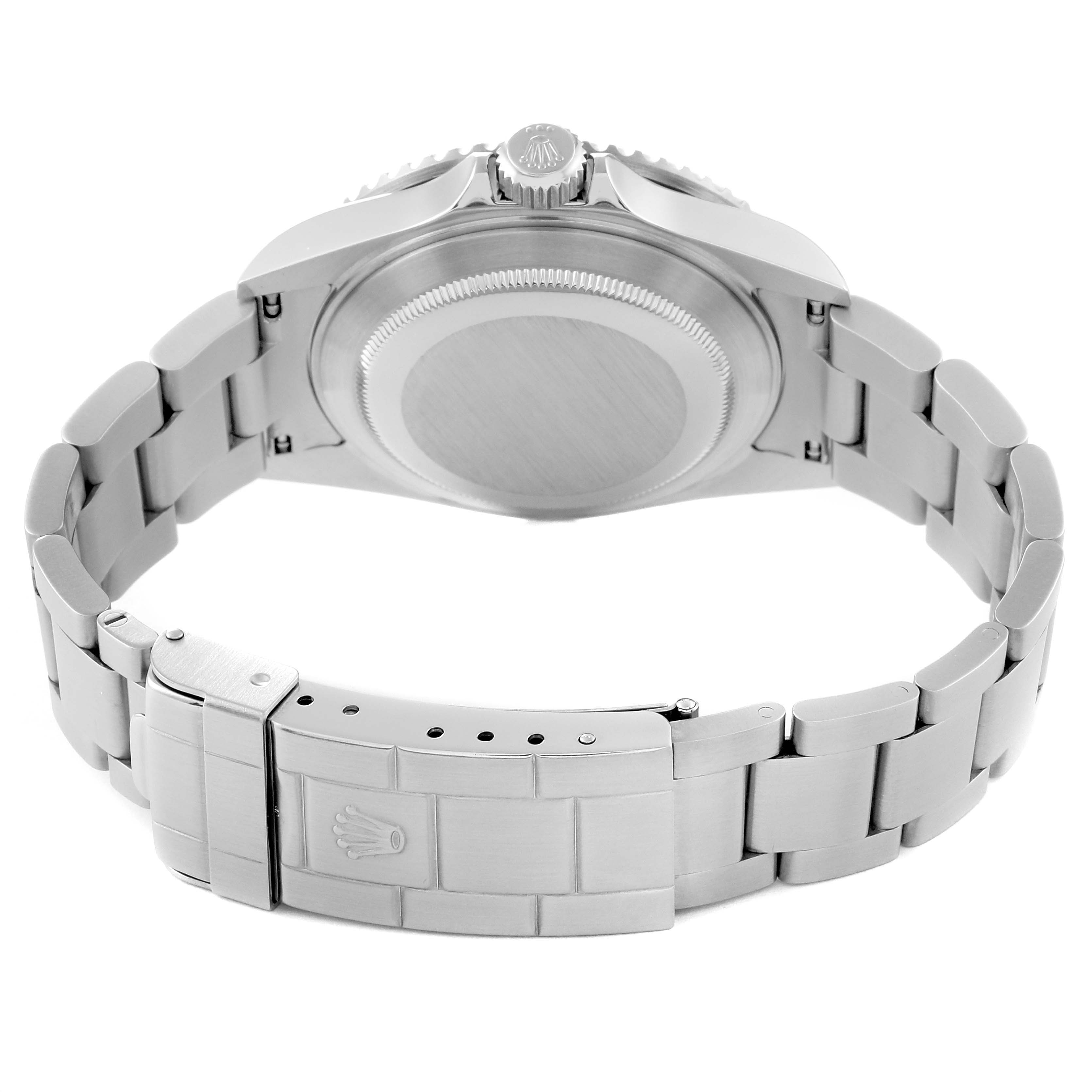 The image shows the back case and clasp of a Rolex Submariner 16610 Men
s Stainless Steel Black Dial 16610 Men
s Stainless Steel Black Dial watch, highlighting the metal bracelet.