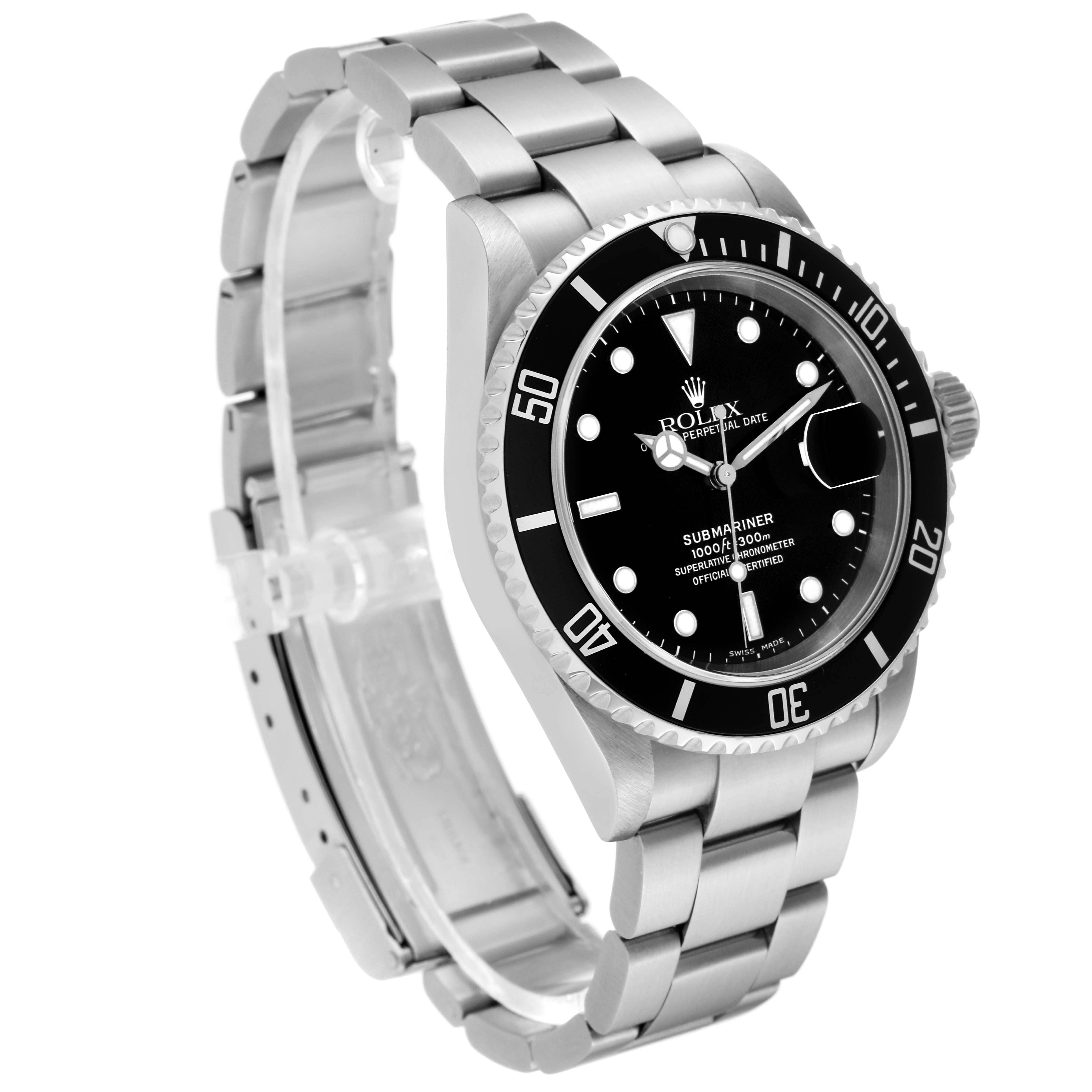 The Rolex Submariner 16610 Men
s Stainless Steel Black Dial 16610 Men
s Stainless Steel Black Dial watch is shown at a three-quarter angle, highlighting the dial, bezel, and metal bracelet.