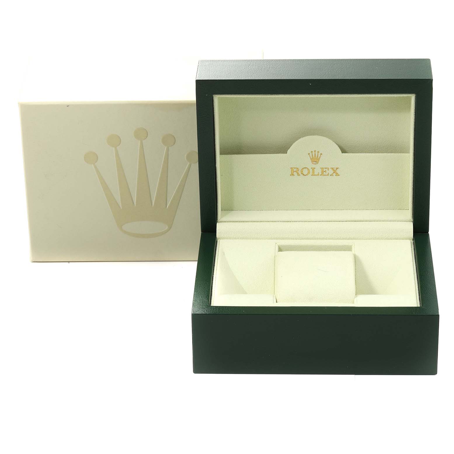 The image shows an open Rolex watch box for the Submariner model, along with its accompanying outer box.