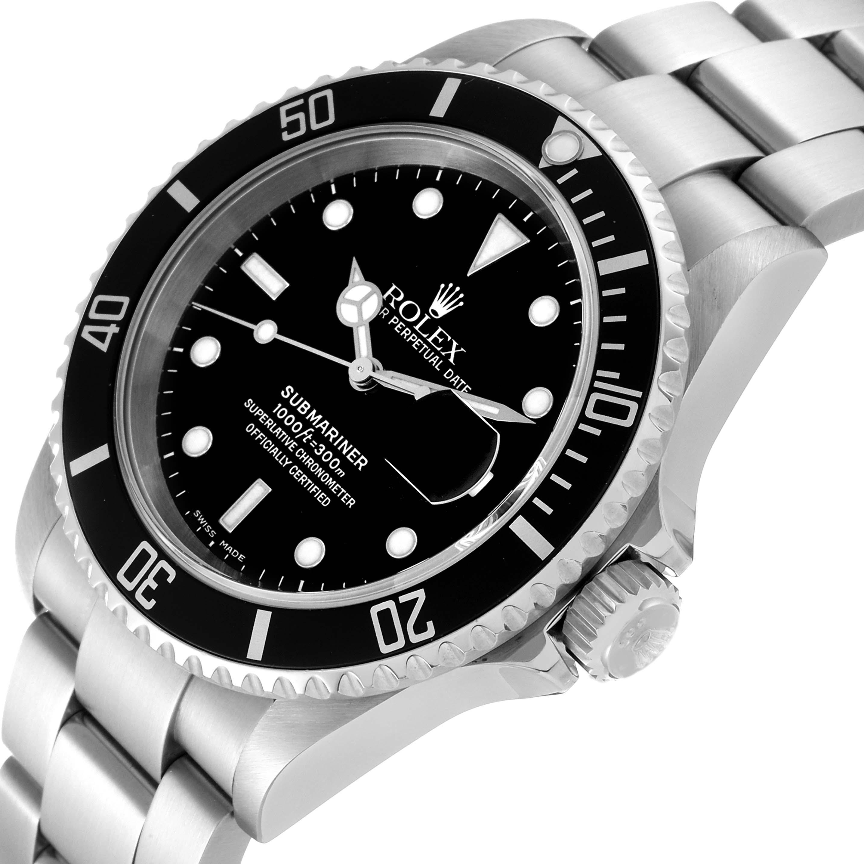 The image shows a Rolex Submariner 16610 Men
s Stainless Steel Black Dial 16610 Men
s Stainless Steel Black Dial watch at a slight angle, highlighting the bezel, dial, crown, and bracelet.