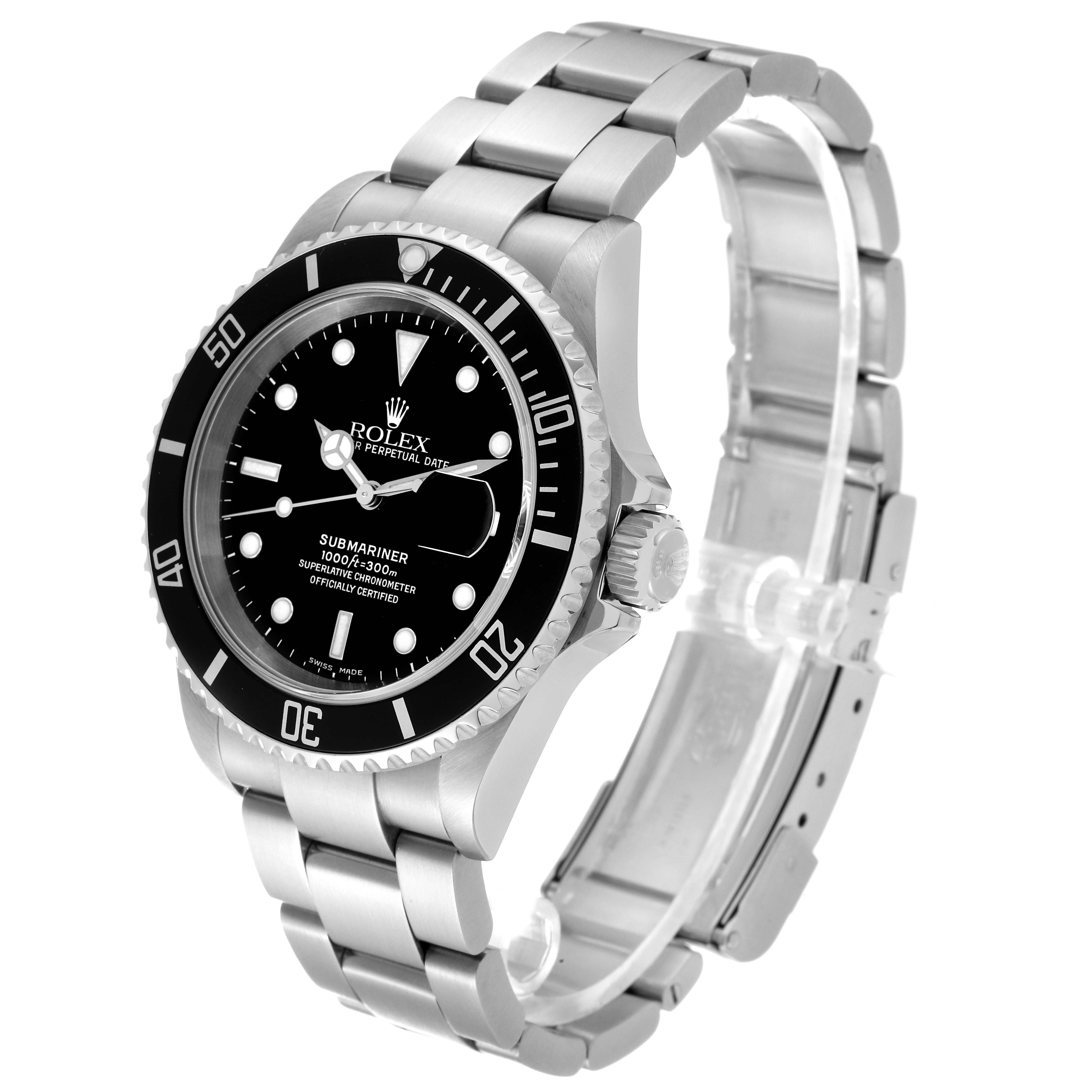 The image shows a side angle of a Rolex Submariner 16610 Men
s Stainless Steel Black Dial 16610 Men
s Stainless Steel Black Dial watch, focusing on the face, bezel, case, crown, and bracelet.