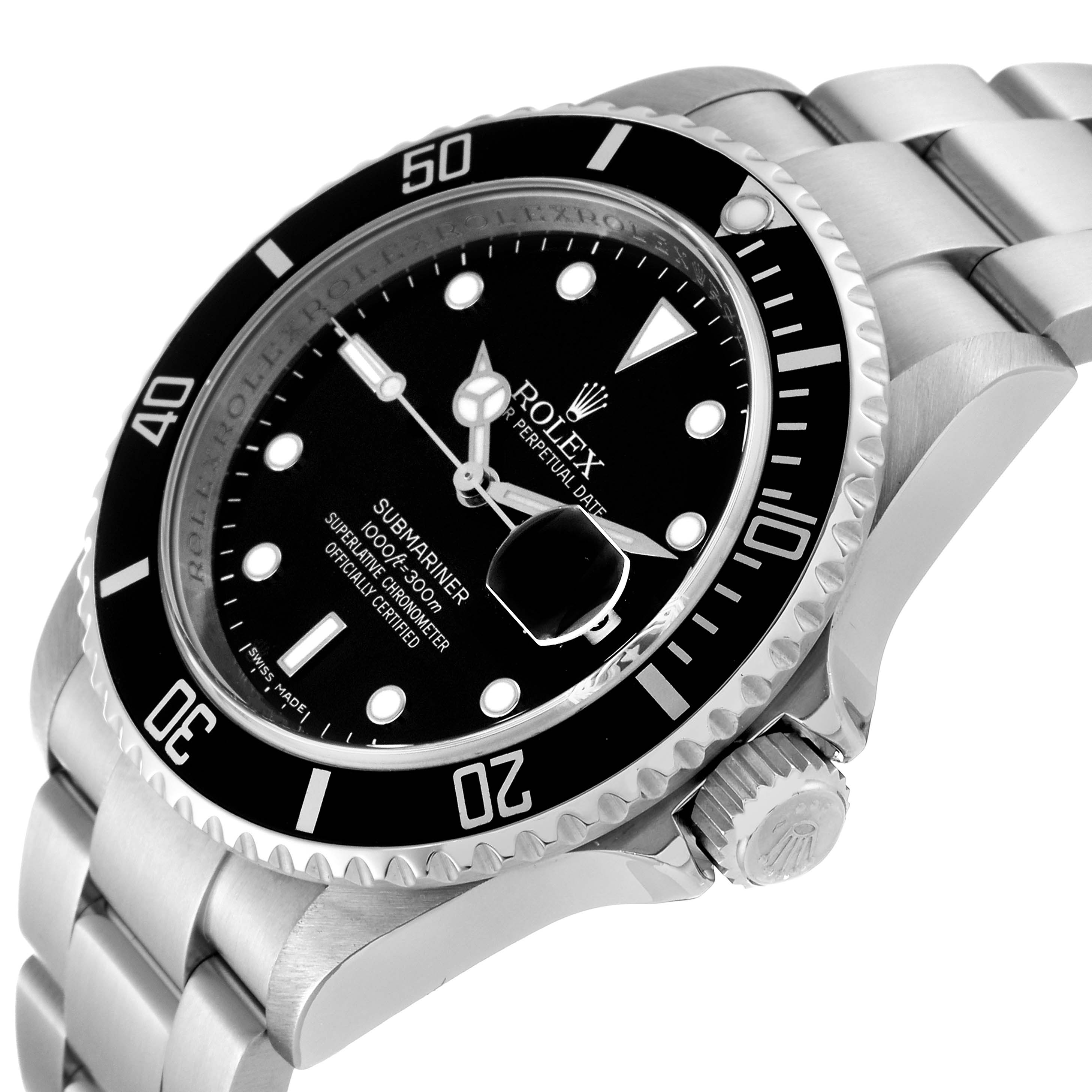 The image shows a close-up angled view of a Rolex Submariner 16610 Men
s Stainless Steel Black Dial 16610 Men
s Stainless Steel Black Dial watch, highlighting the dial, bezel, and part of the bracelet.