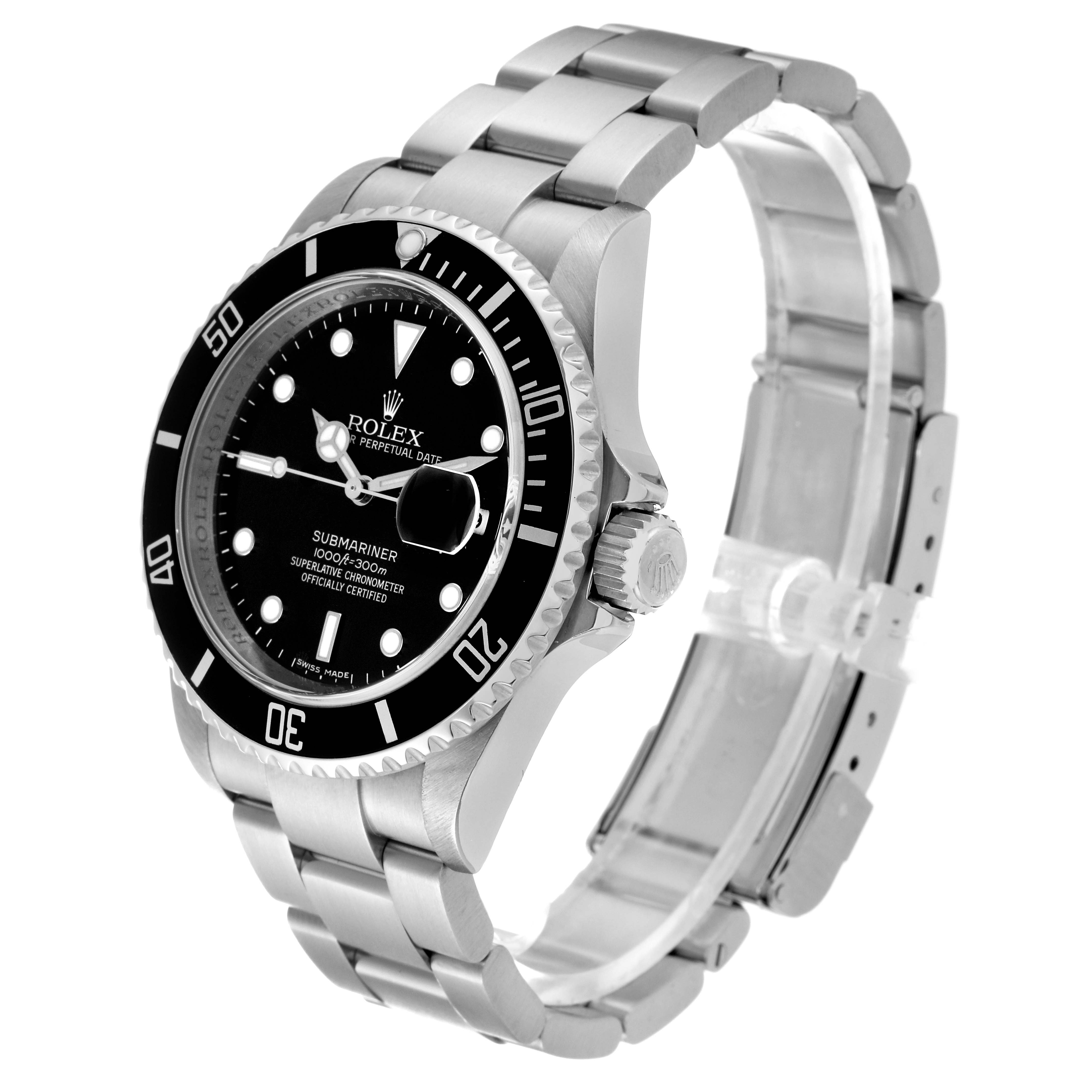 The image shows a side angle of a Rolex Submariner 16610 Men
s Stainless Steel Black Dial 16610 Men
s Stainless Steel Black Dial watch displaying its dial, bezel, crown, and stainless steel bracelet.