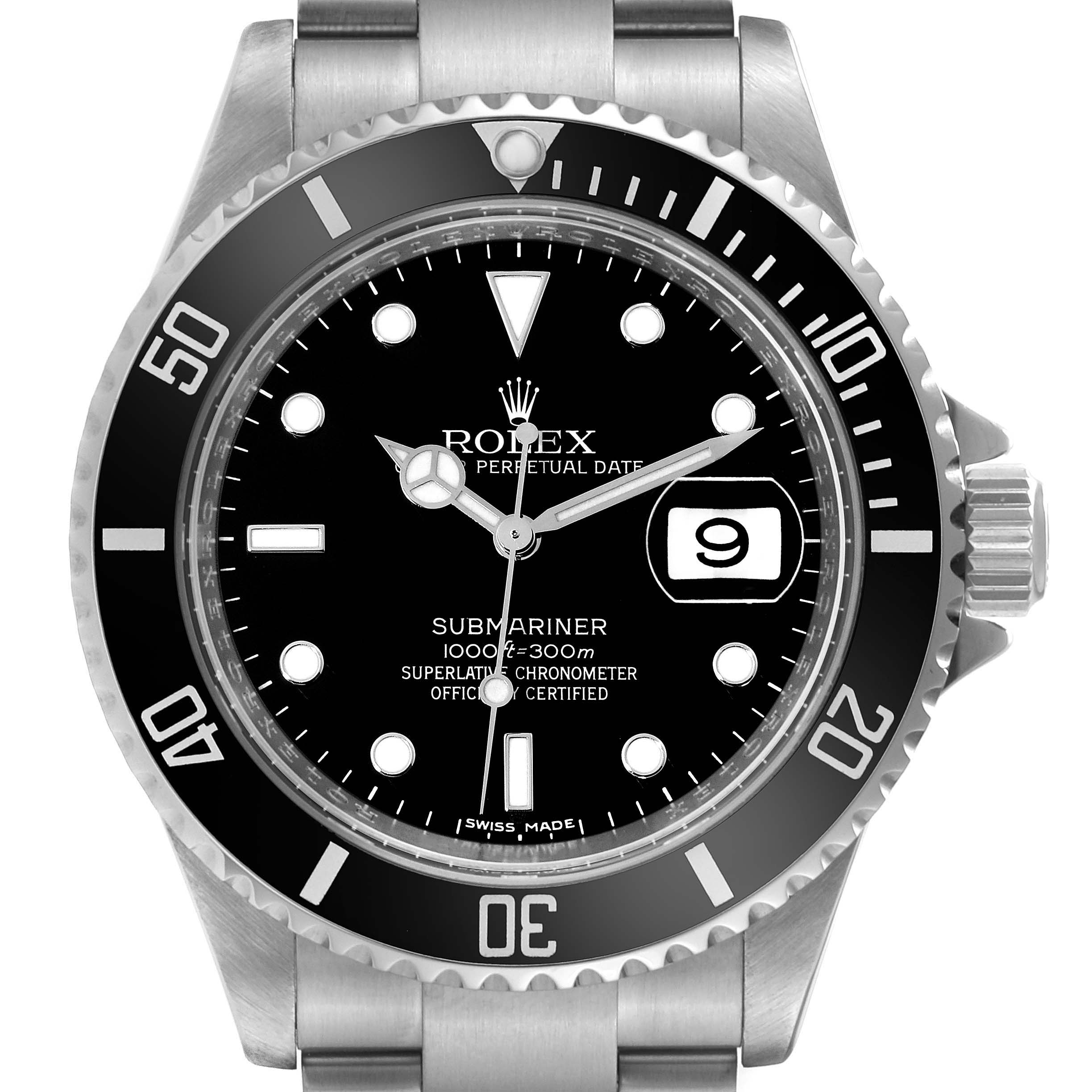 The image shows a front view of the Rolex Submariner 16610 Men
s Stainless Steel Black Dial 16610 Men
s Stainless Steel Black Dial watch, highlighting the dial, bezel, and bracelet.