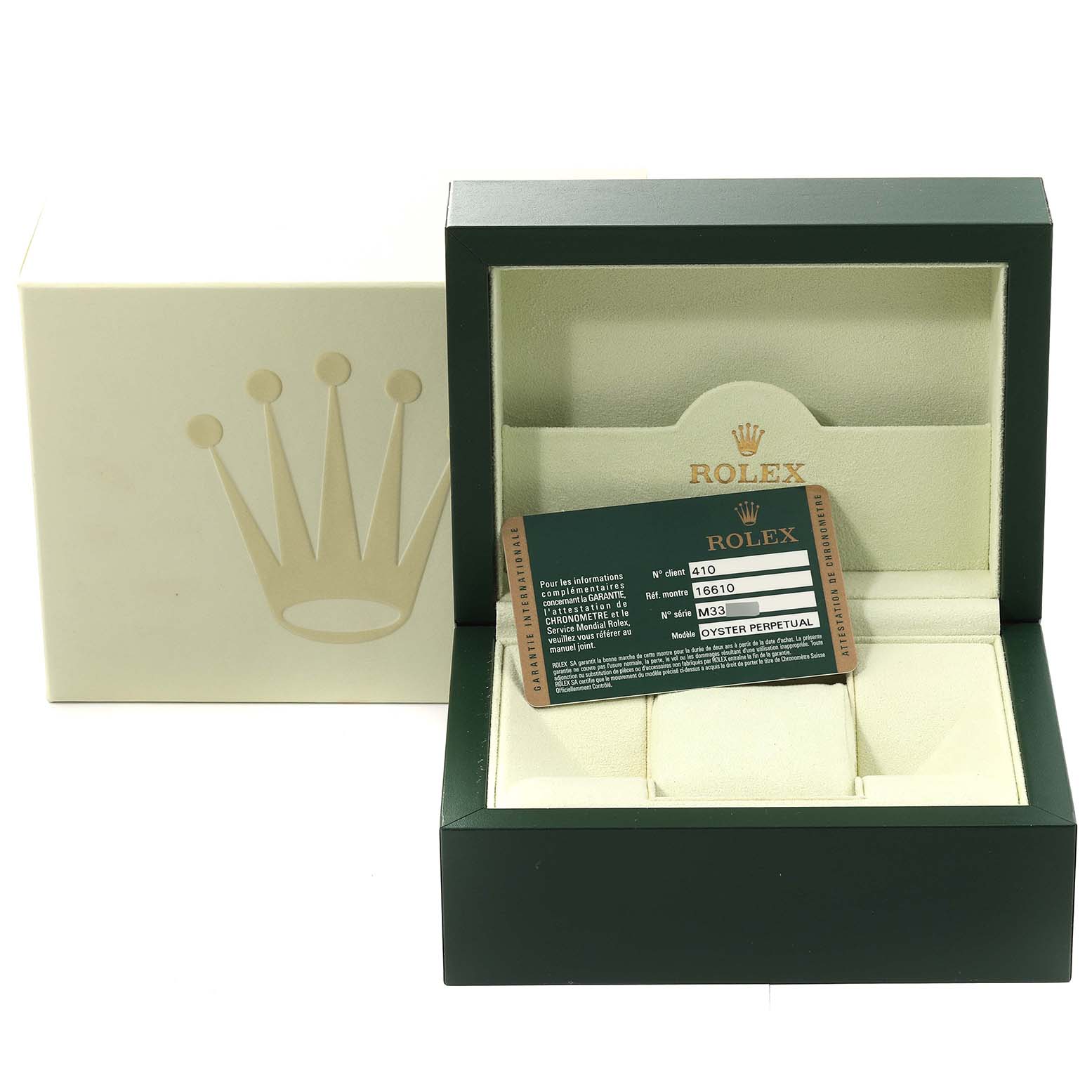 The image shows a Rolex Submariner 16610 Men
s Stainless Steel Black Dial 16610 Men
s Stainless Steel Black Dial watch box with an Best Quality
ation card placed inside.