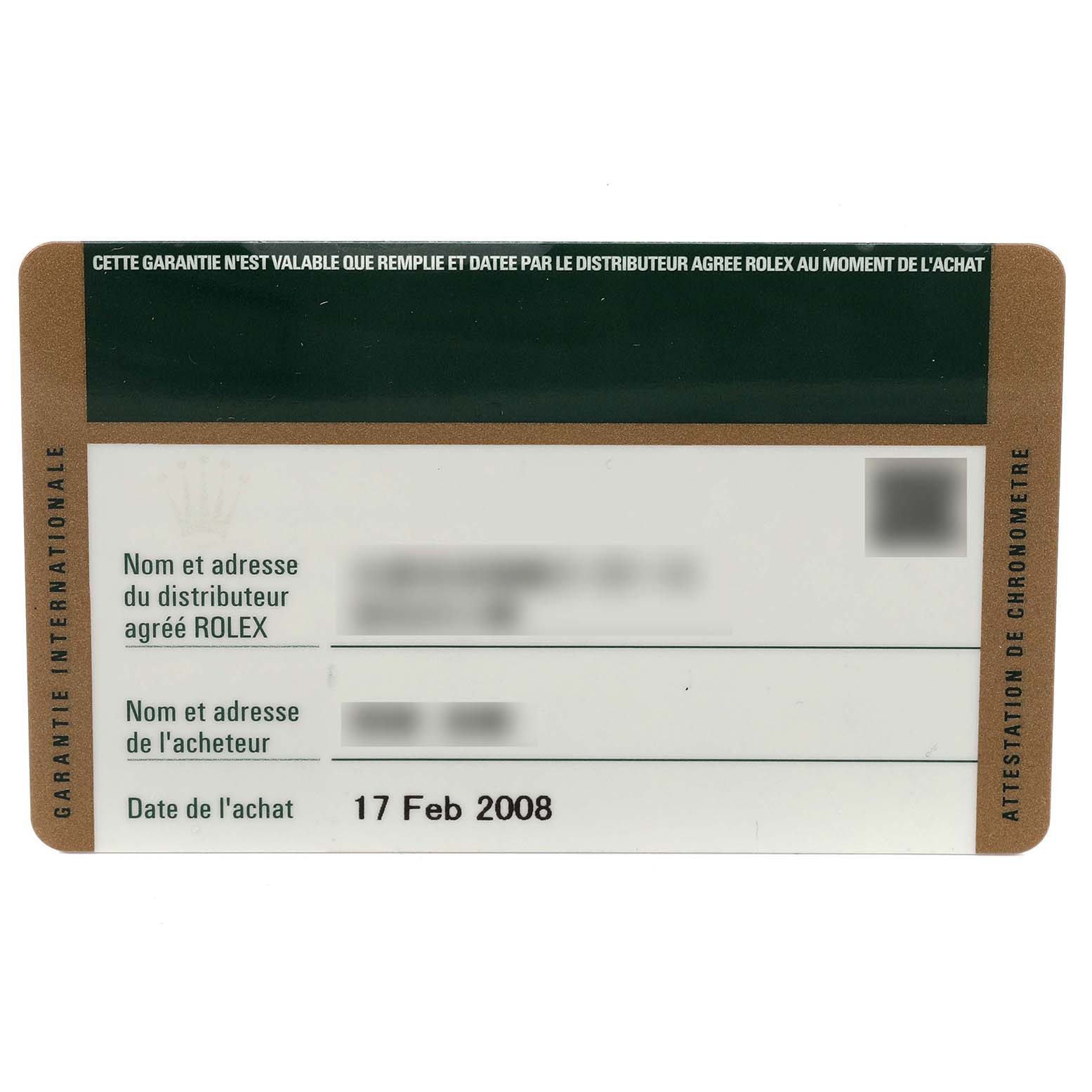 This image shows the international guarantee card for a Rolex Submariner 16610 Men
s Stainless Steel Black Dial 16610 Men
s Stainless Steel Black Dial watch, dated 17 Feb 2008.