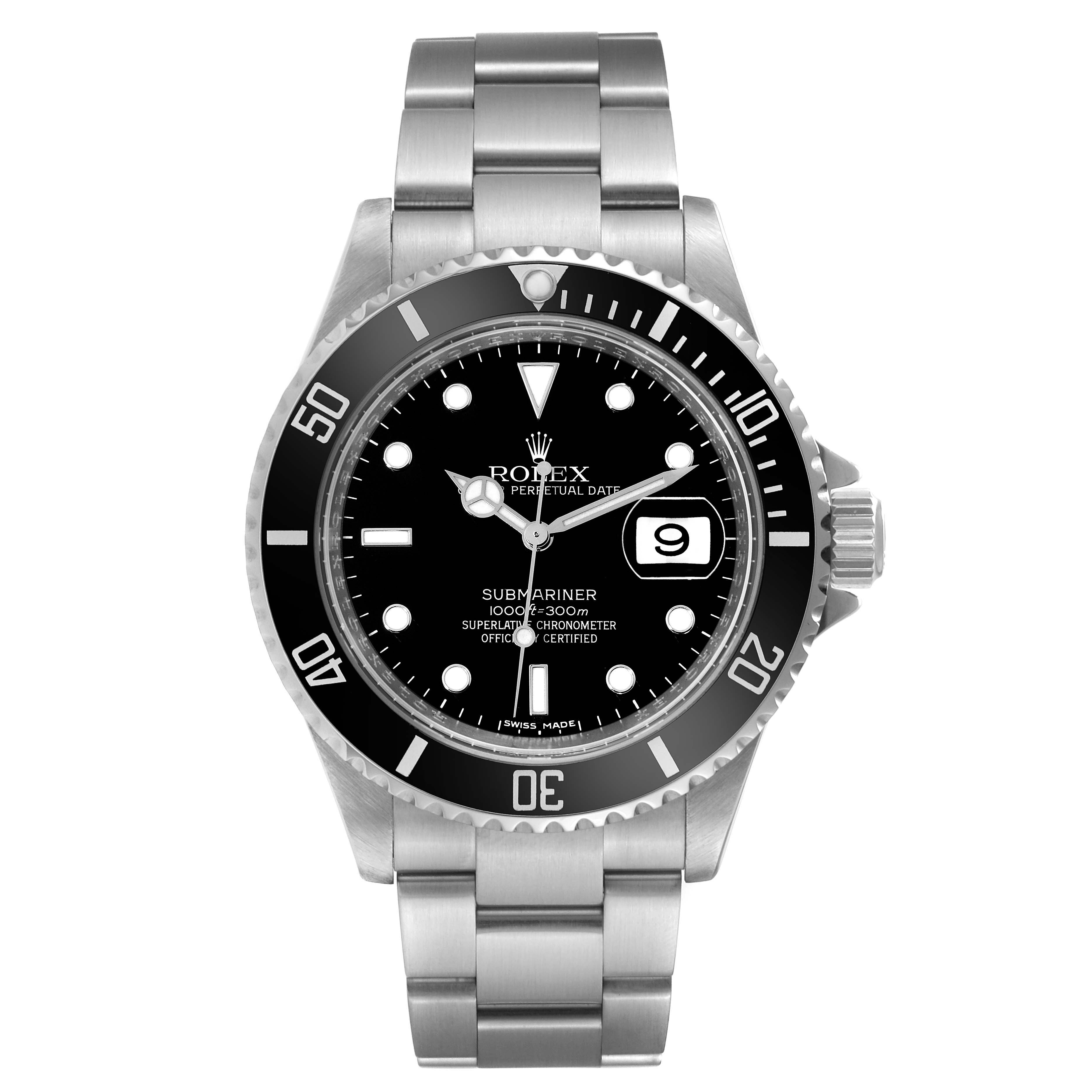This image shows a front view of a Rolex Submariner 16610 Men
s Stainless Steel Black Dial 16610 Men
s Stainless Steel Black Dial watch, displaying the entire watch face, bezel, and bracelet.