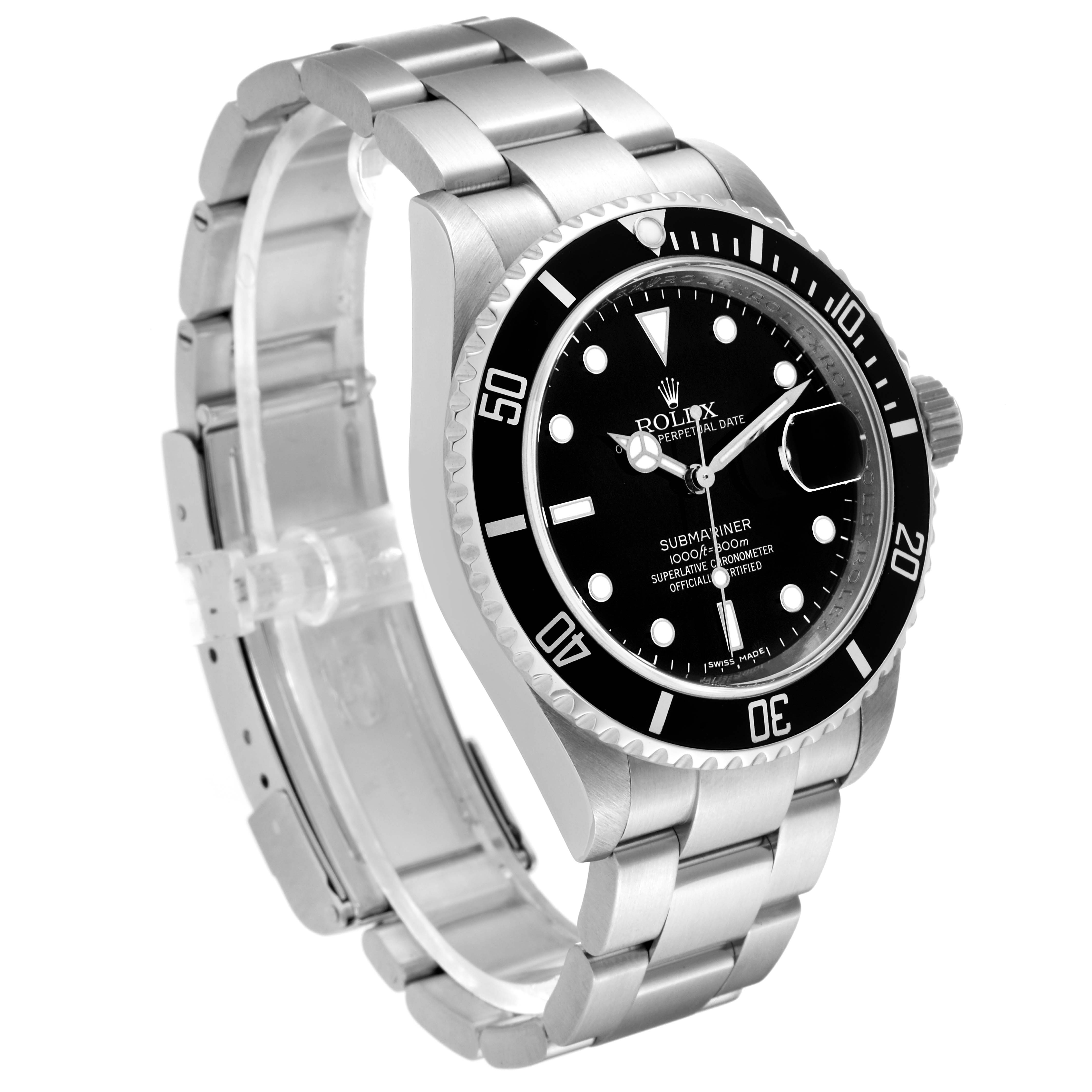This image shows a Rolex Submariner 16610 Men
s Stainless Steel Black Dial 16610 Men
s Stainless Steel Black Dial watch from a slight angle, highlighting the face, bezel, bracelet, and crown.