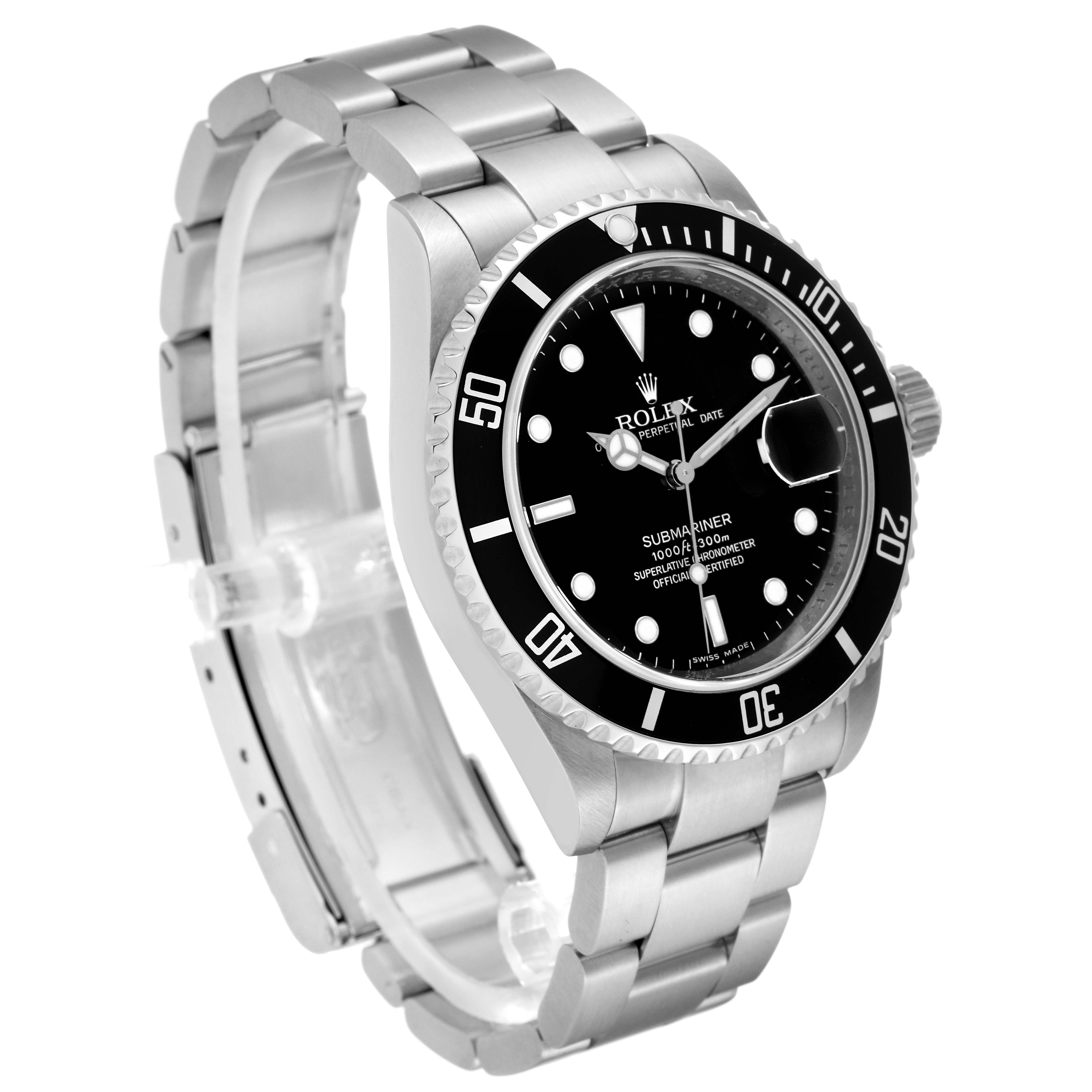 The image shows a Rolex Submariner 16610 Men
s Stainless Steel Black Dial 16610 Men
s Stainless Steel Black Dial watch at an angle, highlighting its black dial, bezel, and stainless steel bracelet.