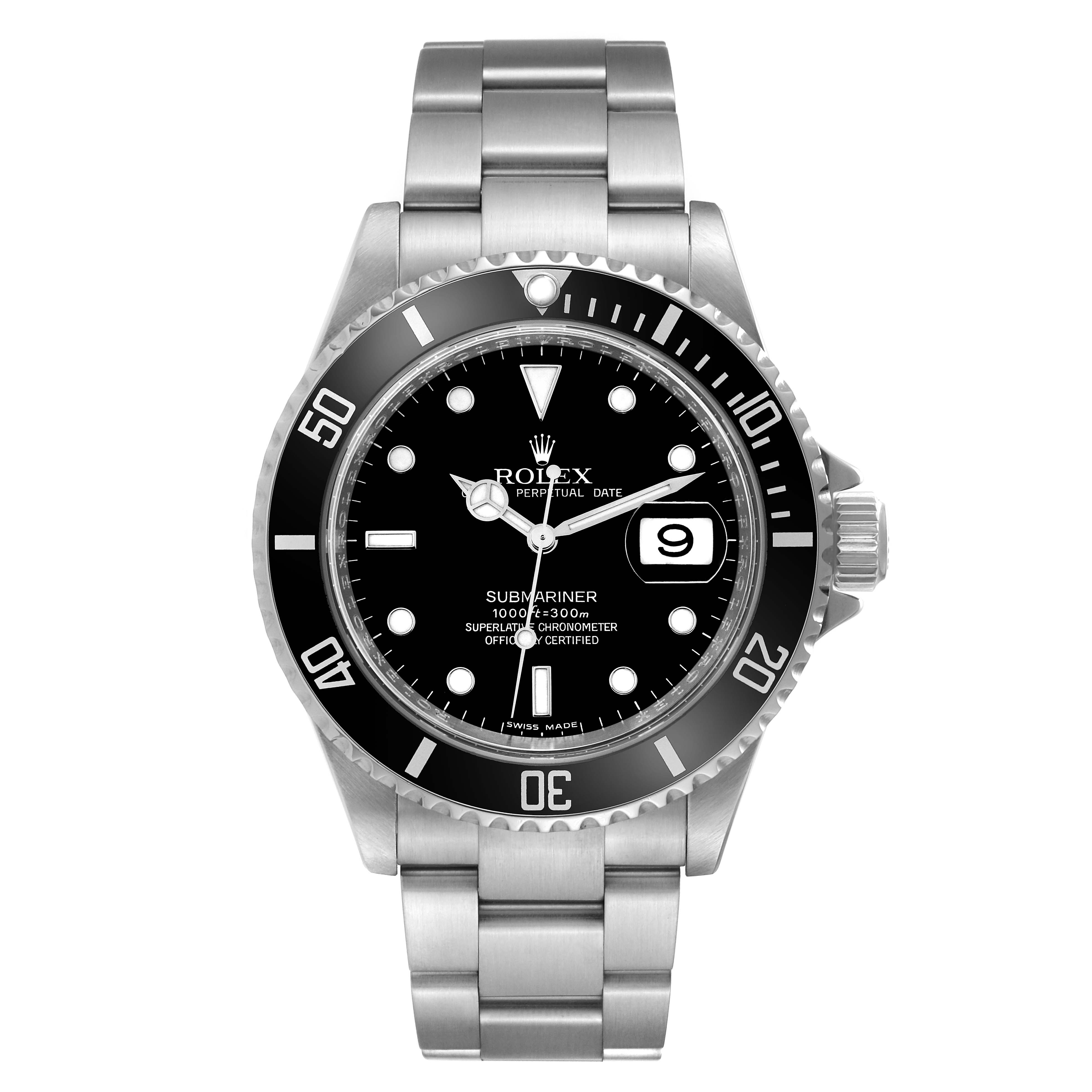 The image shows a front view of a Rolex Submariner 16610 Men
s Stainless Steel Black Dial 16610 Men
s Stainless Steel Black Dial watch, displaying its face, bezel, and bracelet.