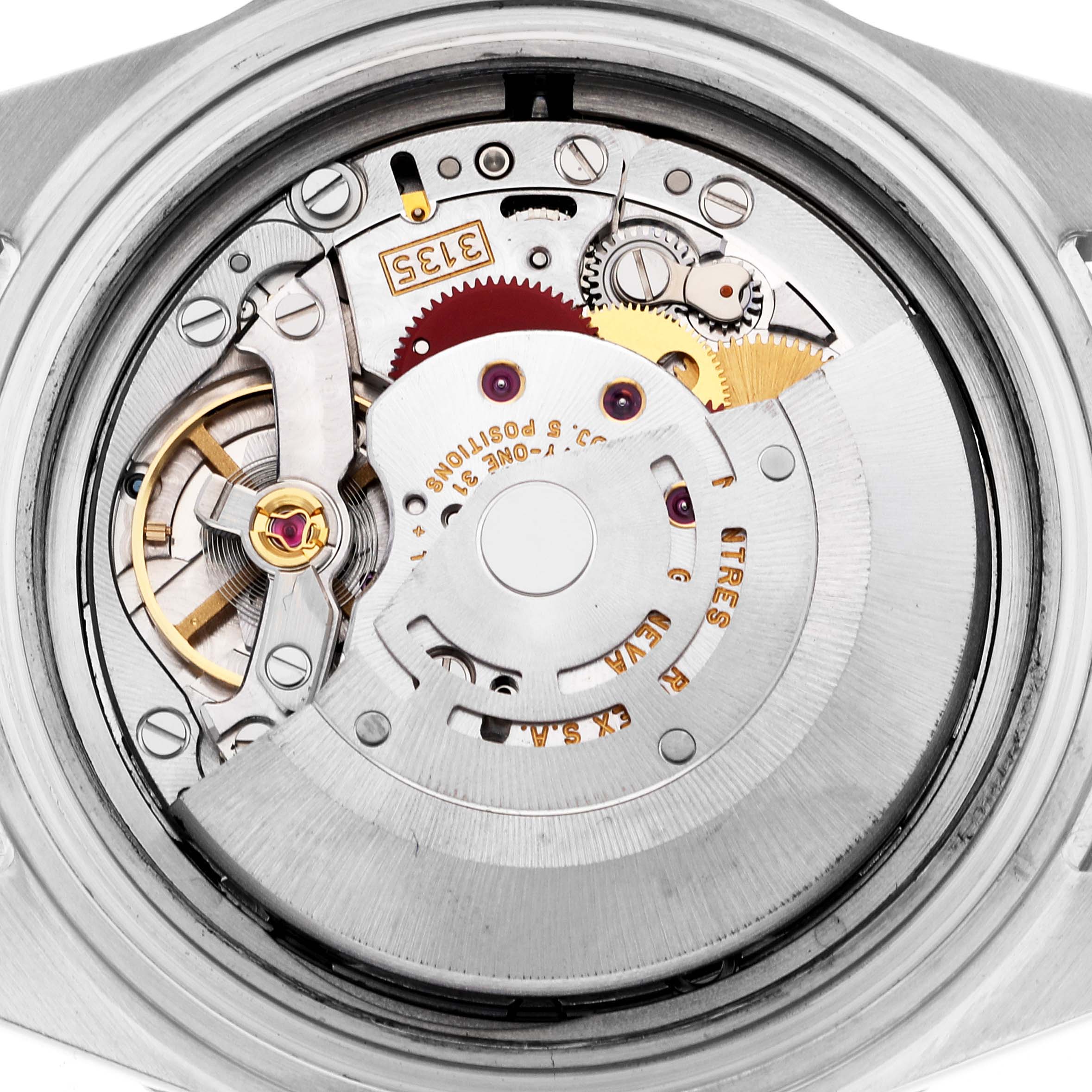 The image shows the intricate internal mechanism of a Rolex Submariner 16610 Men
s Stainless Steel Black Dial 16610 Men
s Stainless Steel Black Dial watch viewed from the back.