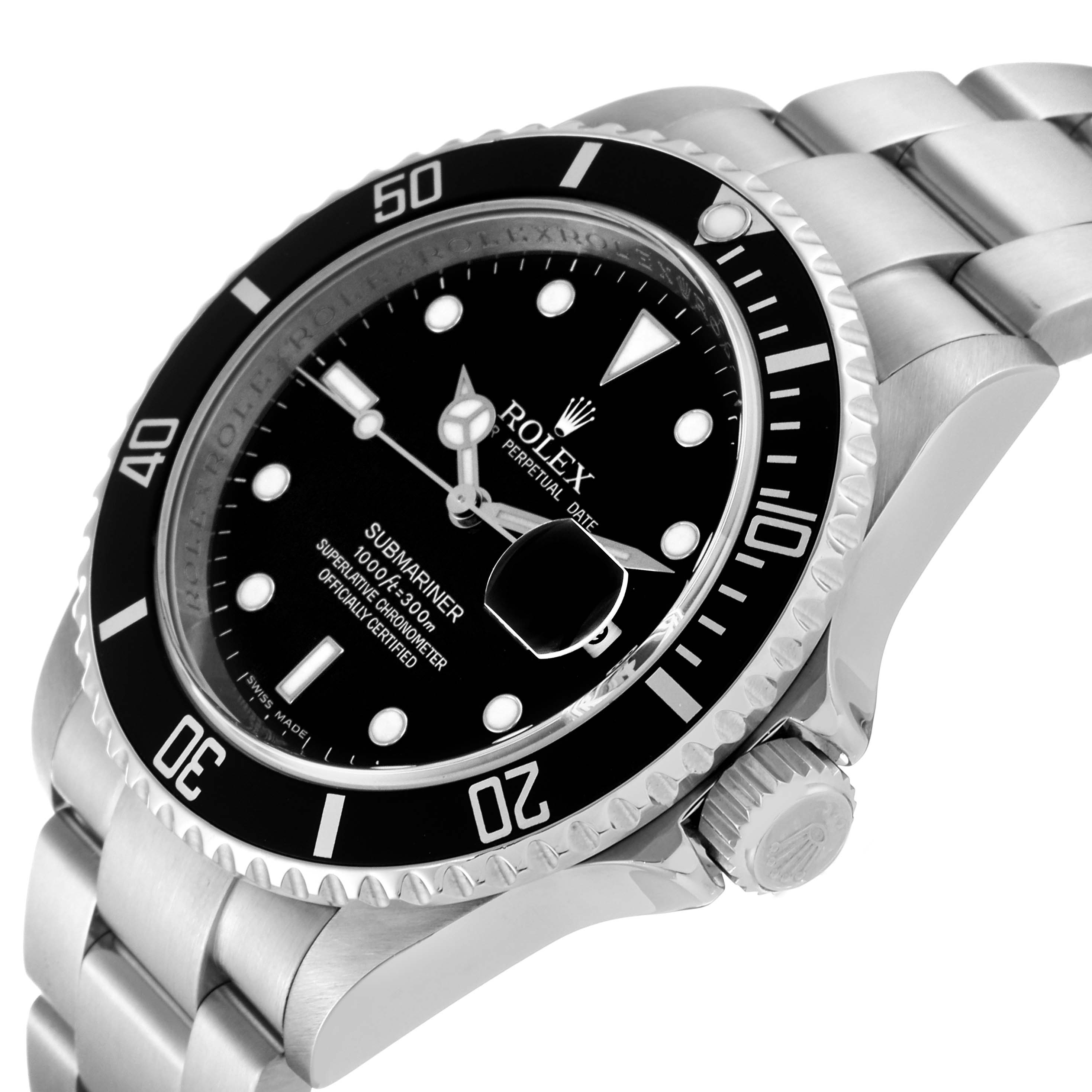 The image shows the face and stainless steel band of a Rolex Submariner 16610 Men
s Stainless Steel Black Dial 16610 Men
s Stainless Steel Black Dial watch from a three-quarter angle.