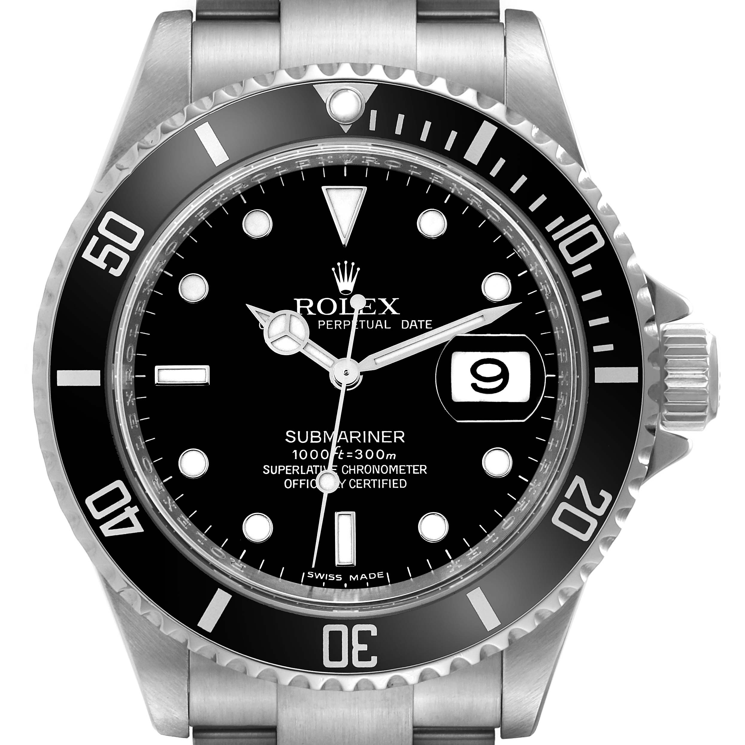 This image shows a front view of the Rolex Submariner 16610 Men
s Stainless Steel Black Dial 16610 Men
s Stainless Steel Black Dial, highlighting the dial, bezel, and part of the bracelet.